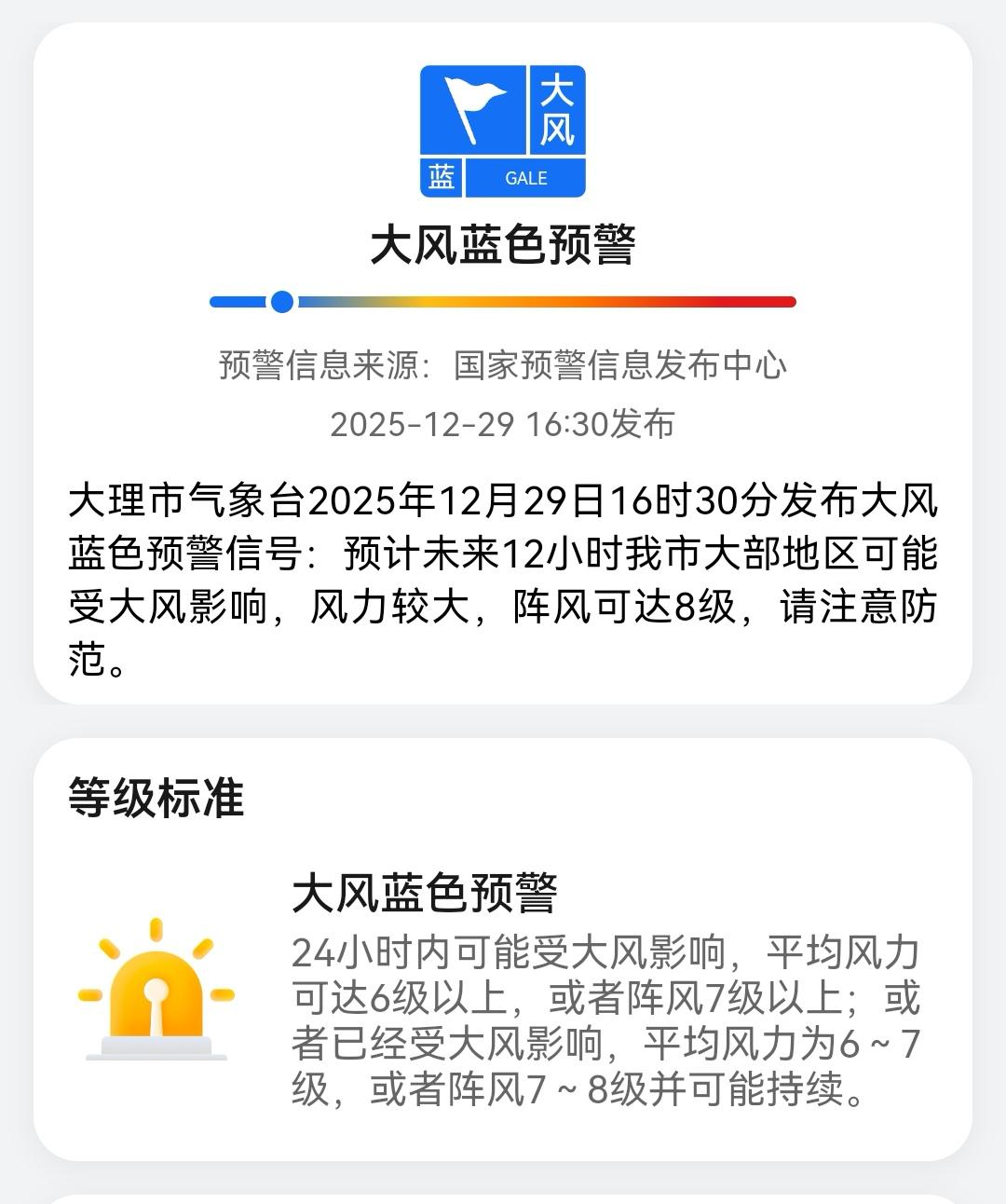 大理市发布大风蓝色预警，请做好防范！

大风蓝色预警
大理市气象台于2025年1