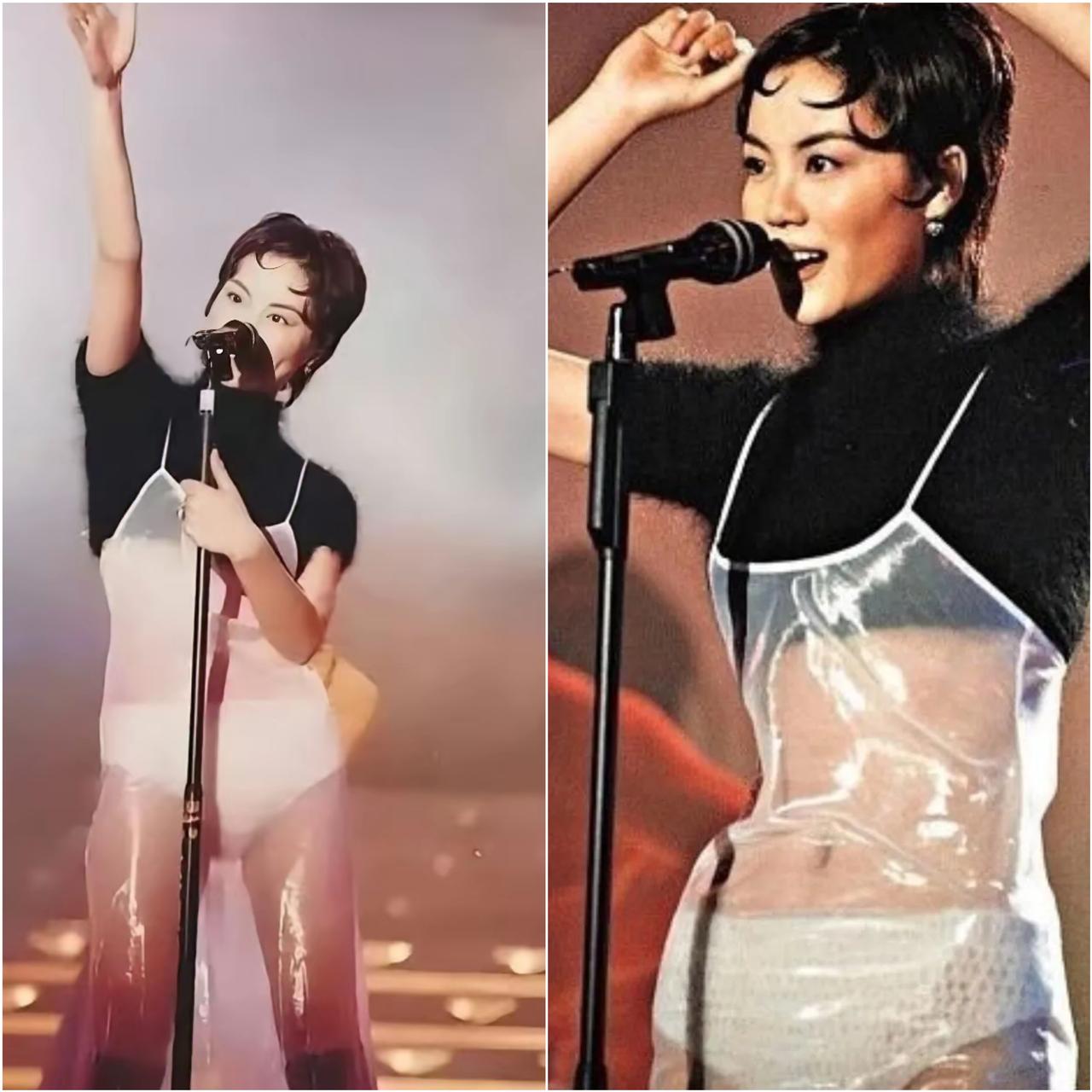 王菲太敢突破了，1994年就身穿透明裙子在舞台上演唱，一下子惊艳全场！
 
在那