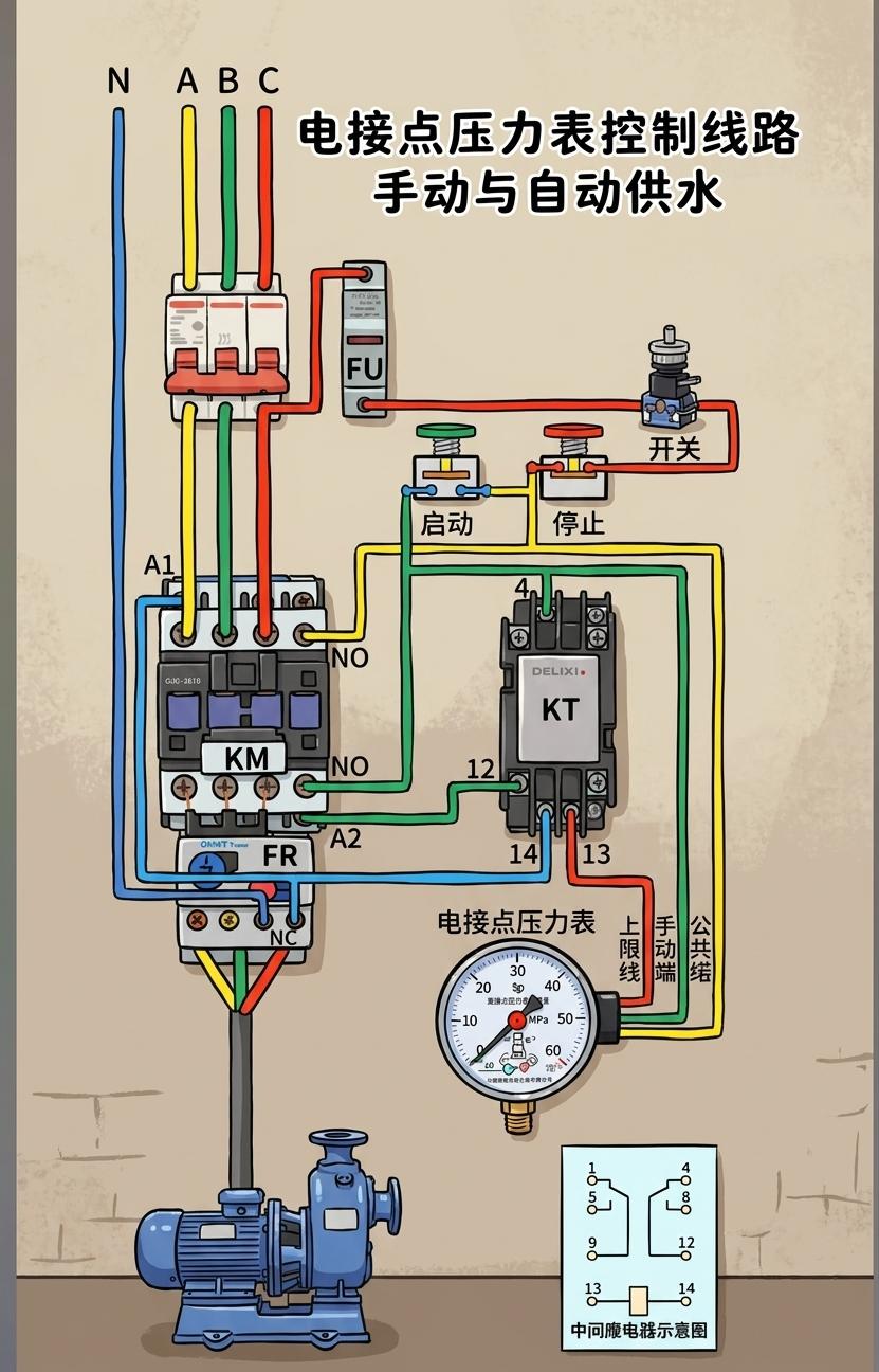 电接点压力表控制的水泵手动 / 自动供水电路的核心功能：

1，自动模式：通过电