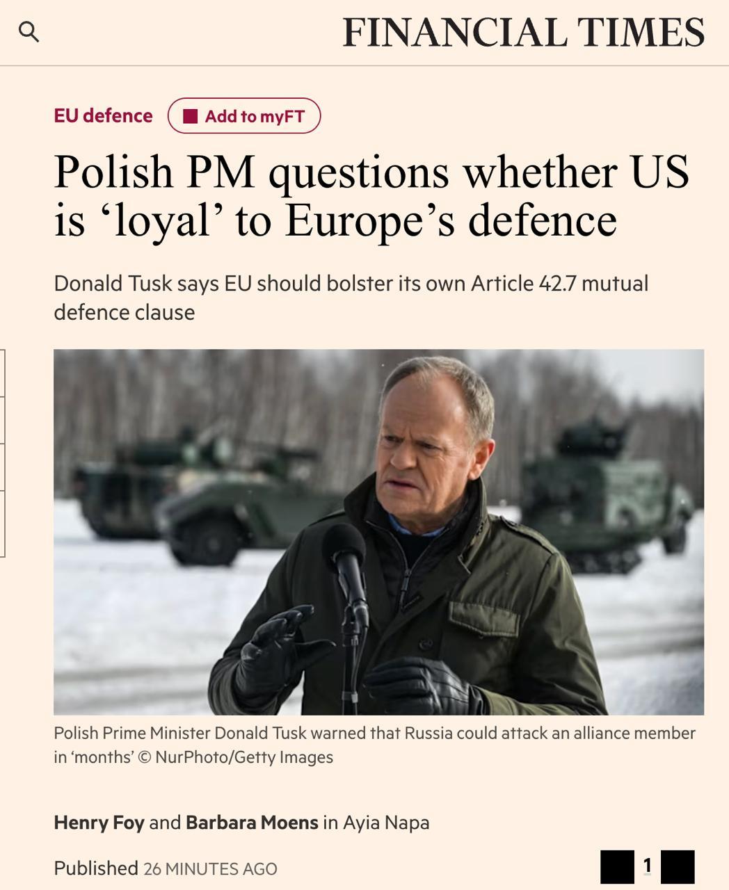 据英国《金融时报》报道，波兰总理图斯克在接受采访时发出严厉警告：俄罗斯可能在未来