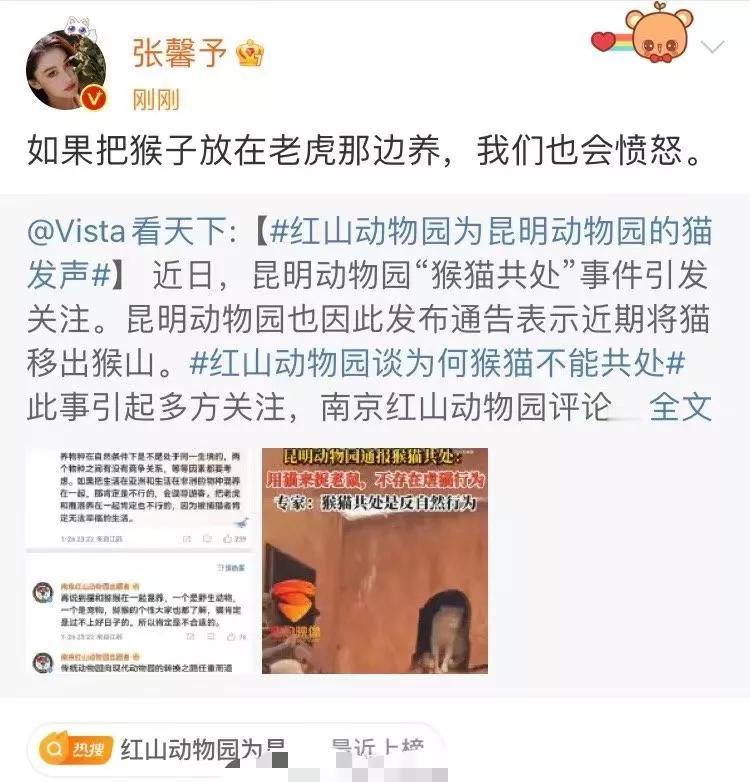 张馨予为昆明动物园的猫发声了！

张馨予的言论还是有道理的，确实是动物园方面的举