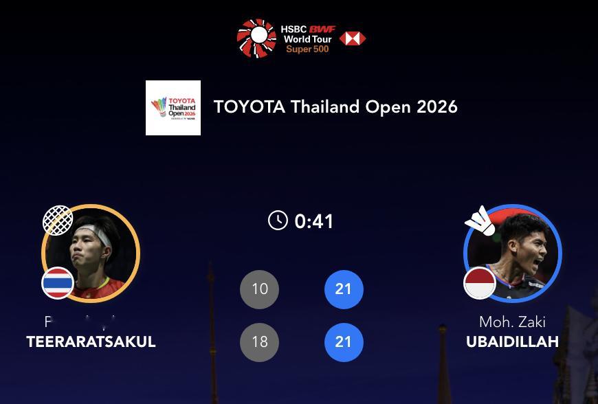 乌拜迪拉🇮🇩 21-10、21-18 🇹🇭帕尼查蓬下轮对手：全奕镇🇰?