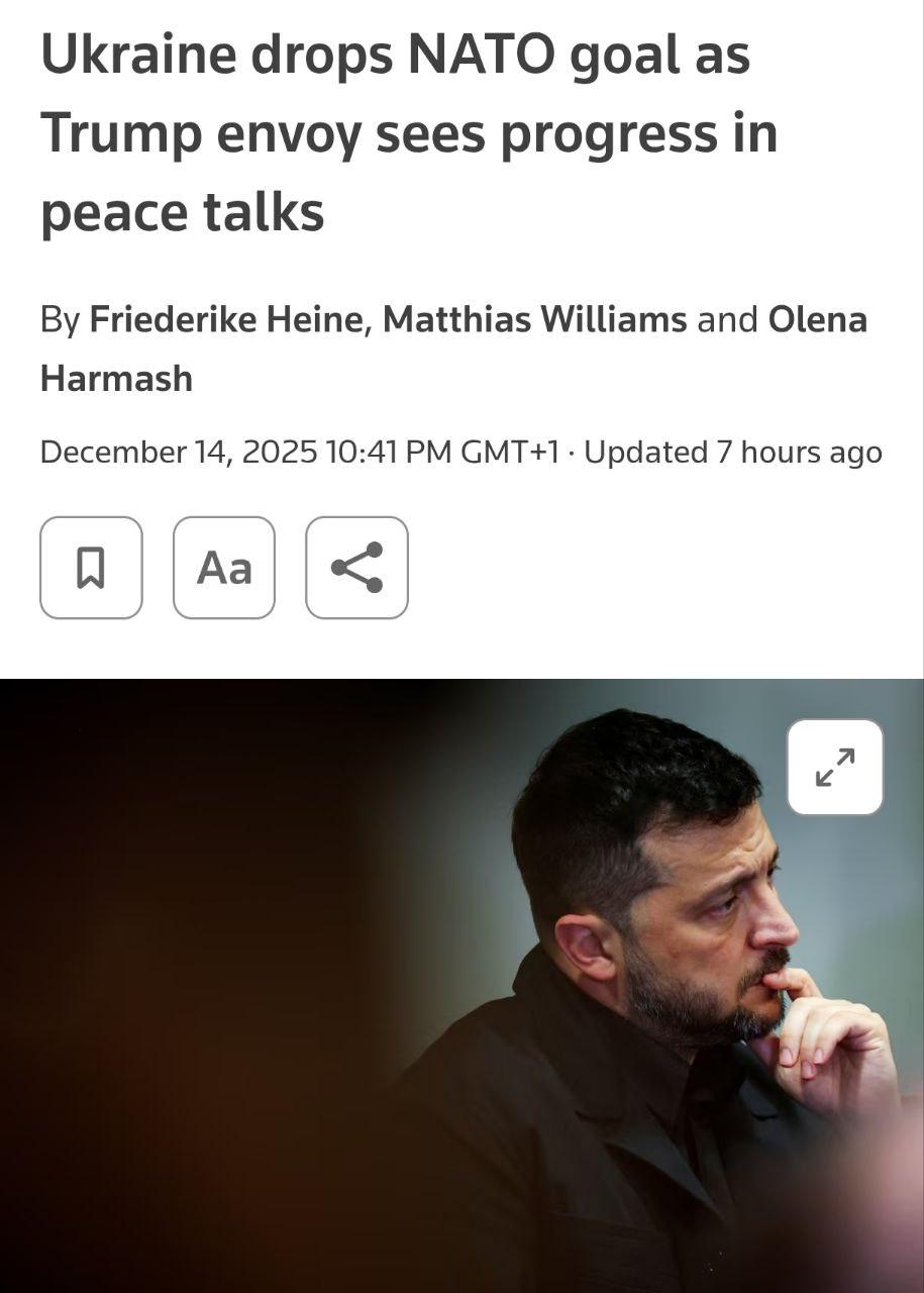 泽连斯基在柏林与惠特科夫的谈判中提议放弃乌克兰加入北约的计划。

路透社报道了这