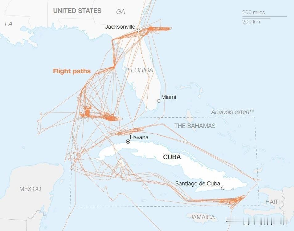 CNN分析航空数据发现，自2月4日以来，美海军和空军已在古巴周边执行至少25次侦