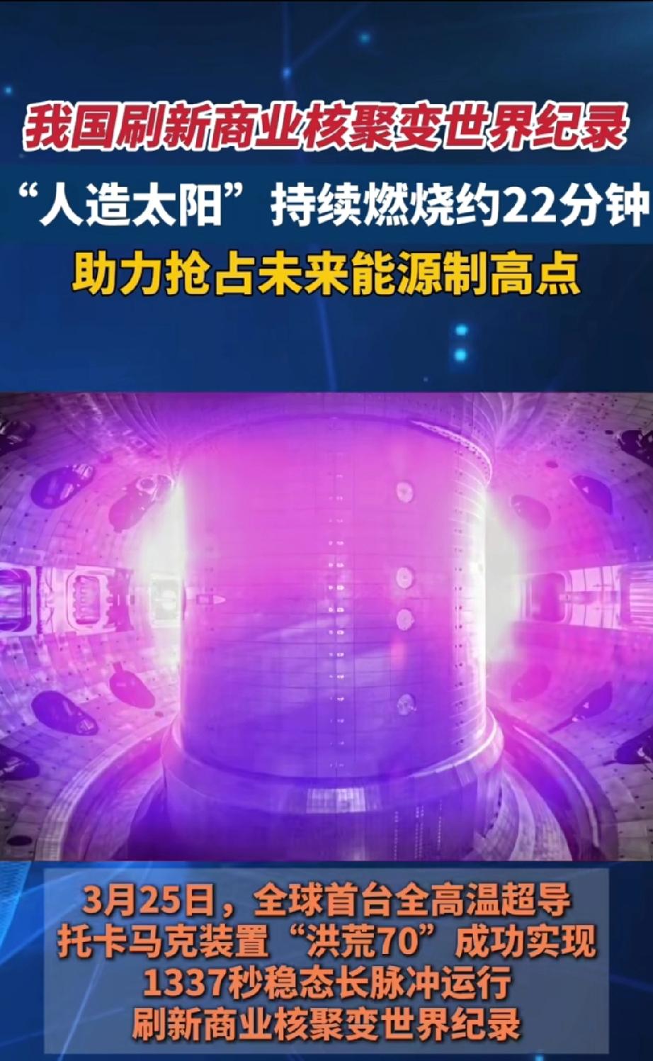 我国刷新商业核聚变世界纪录。
2026年3月25日，上海临港传来好消息，我国自主