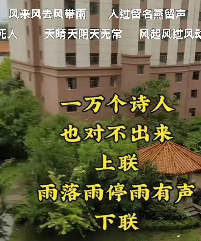 据说一万个诗人也对不出来，以你的文采，能对出这个下联吗？
上联：雨落雨停雨有声