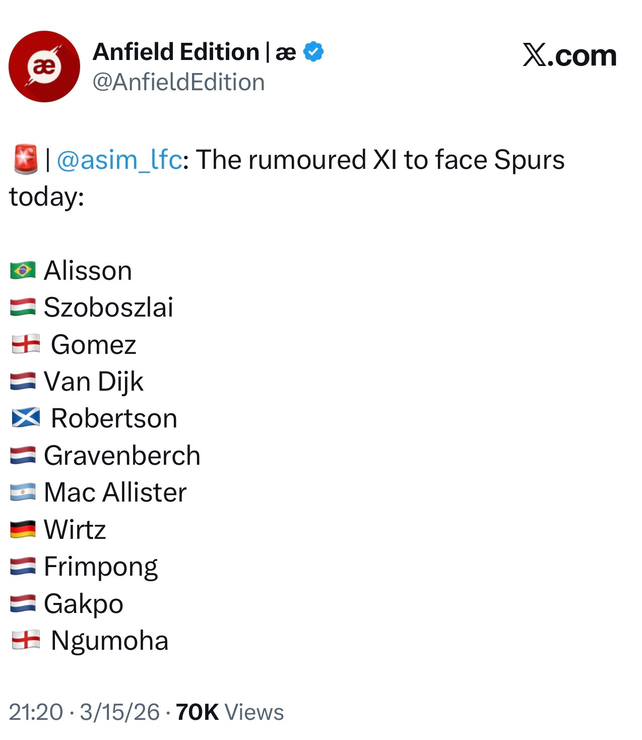 传今日首发阵容，弗林蓬恩古莫哈加克波首发锋线，索博右后卫，阿利森复出。 