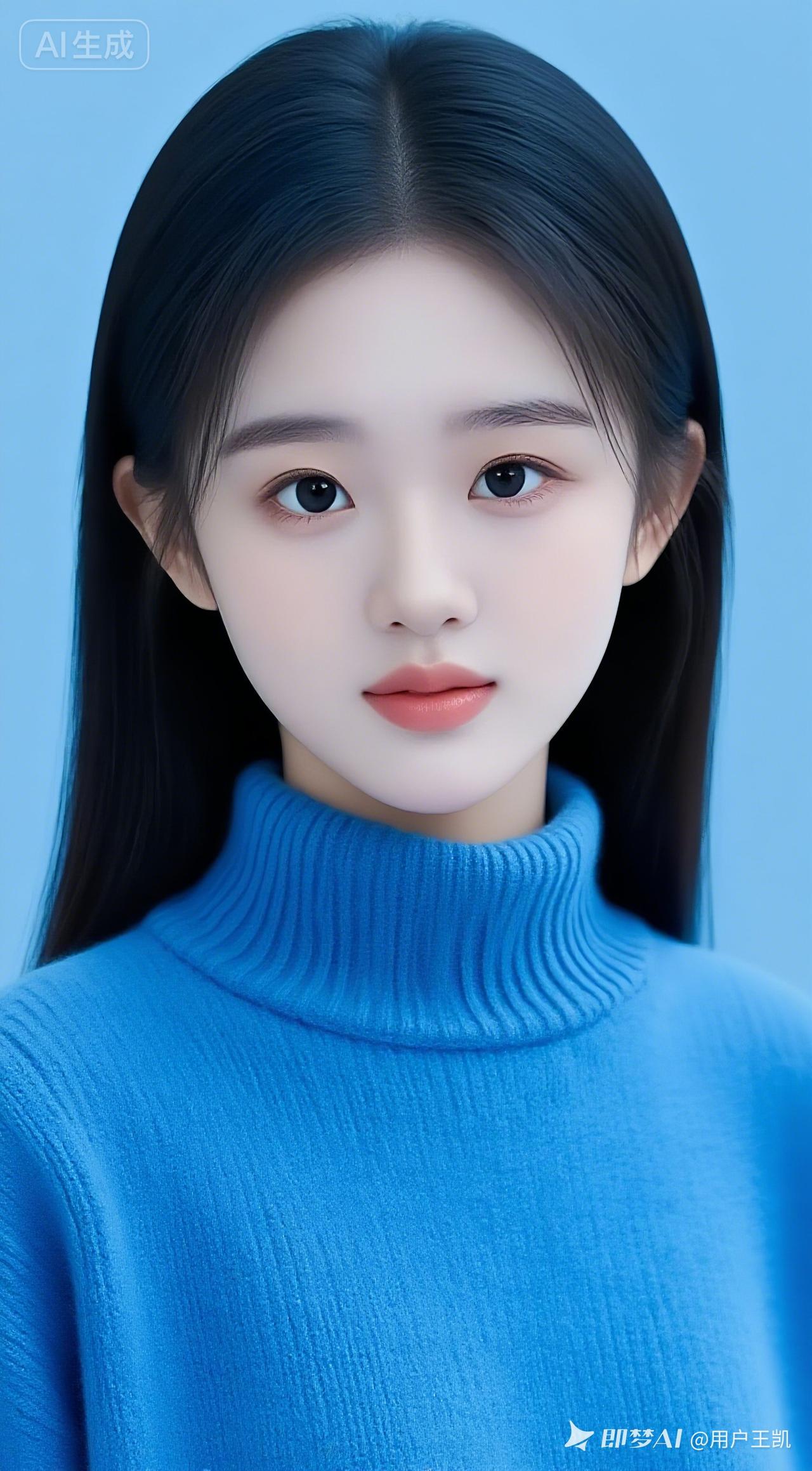 时尚美女身着简洁蓝色宽松毛衣，剑眉英气，大眼深邃有神，翘鼻薄唇，肌肤白皙细腻，冷