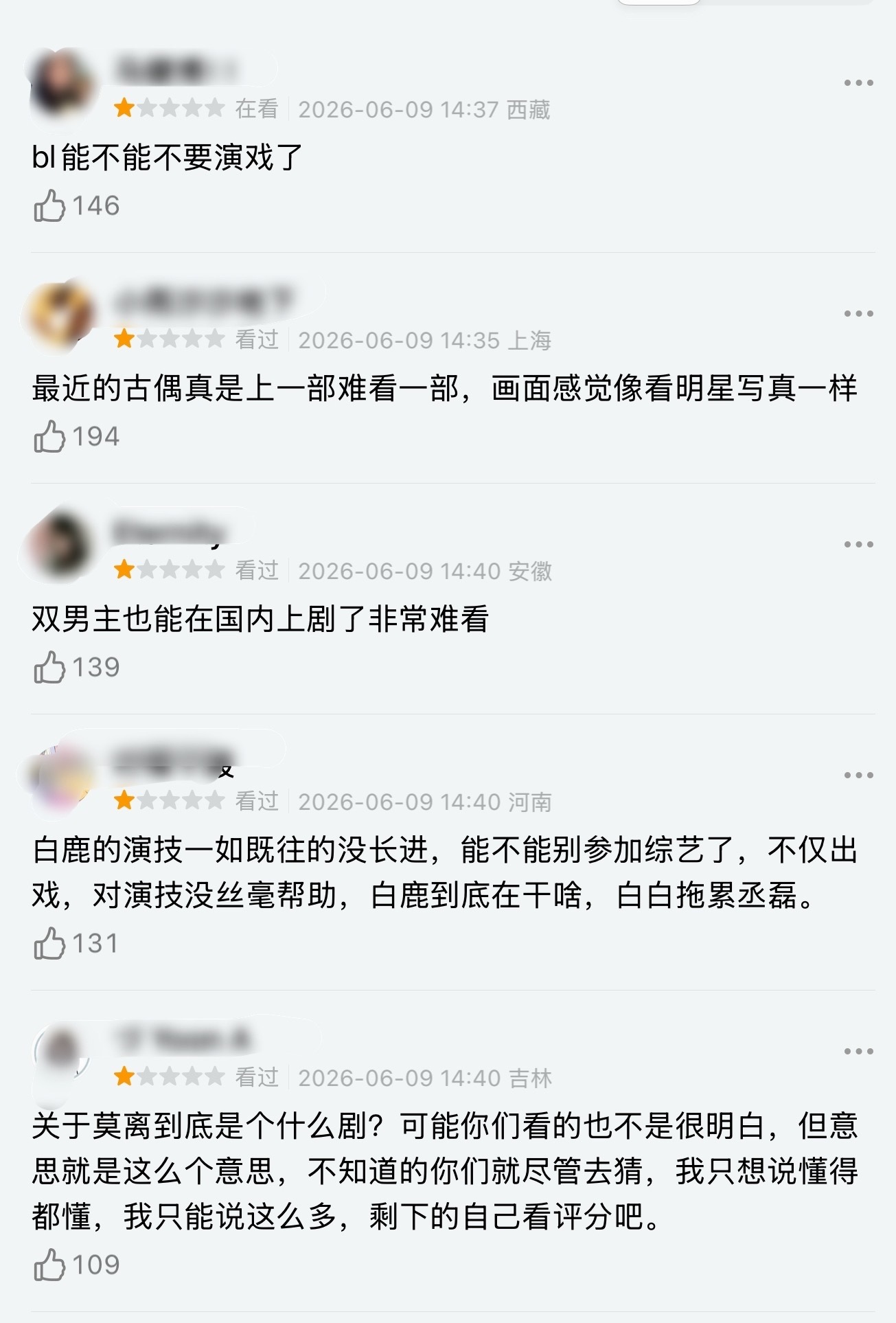 跑男风波还挺大的，都影响到播剧了，点开白鹿新剧莫离全是清一色低分… 莫离 锐化