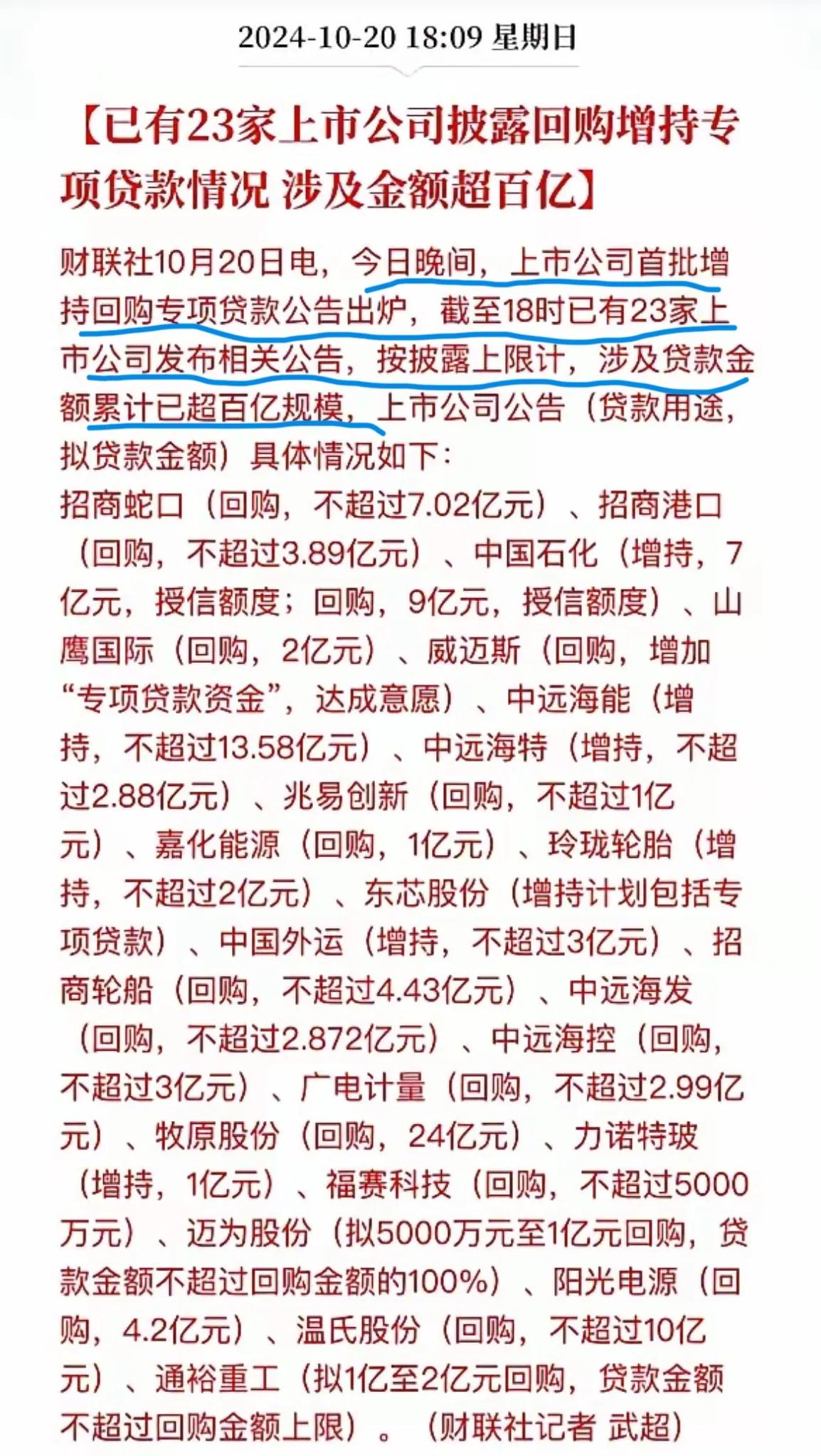 回购资金驰援！首批参与增持回购贷款项目的公司公告，办法刚刚出台，就有23家公司拿