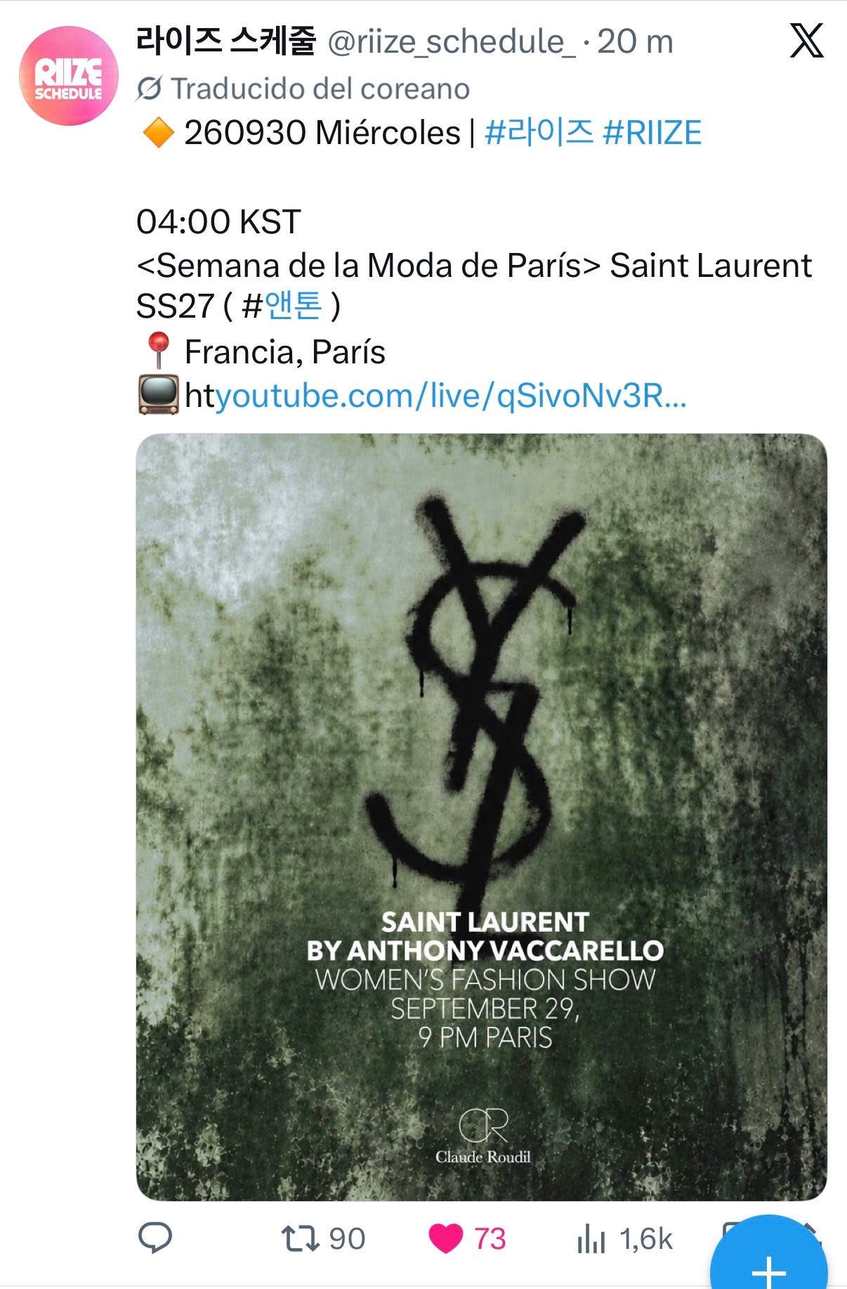 anton[超话] anton 巴黎时装周- ysl 韩国时间：9月30 04: