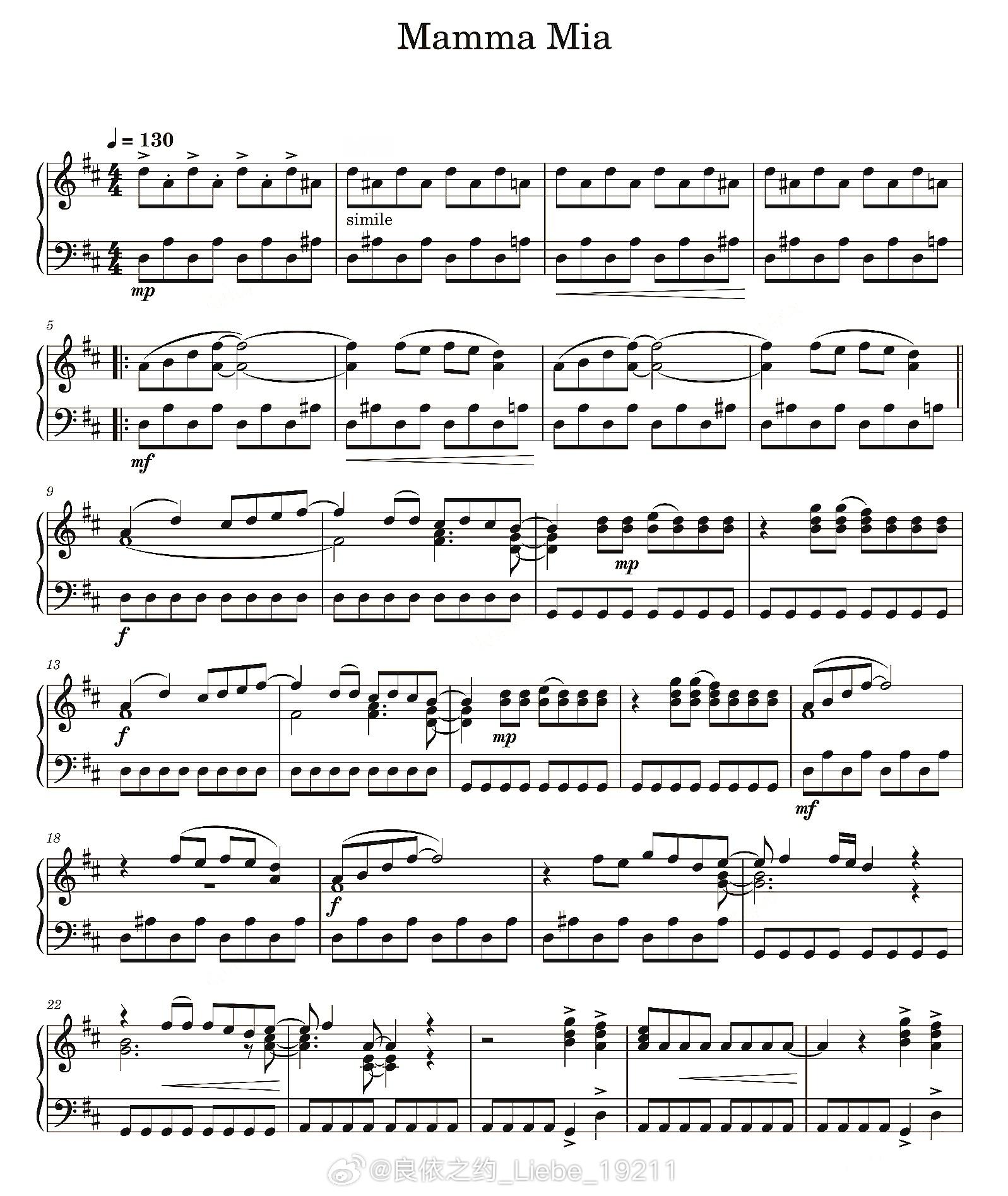 钢琴谱：《Mamma Mia》Benny Andersson, Stig And