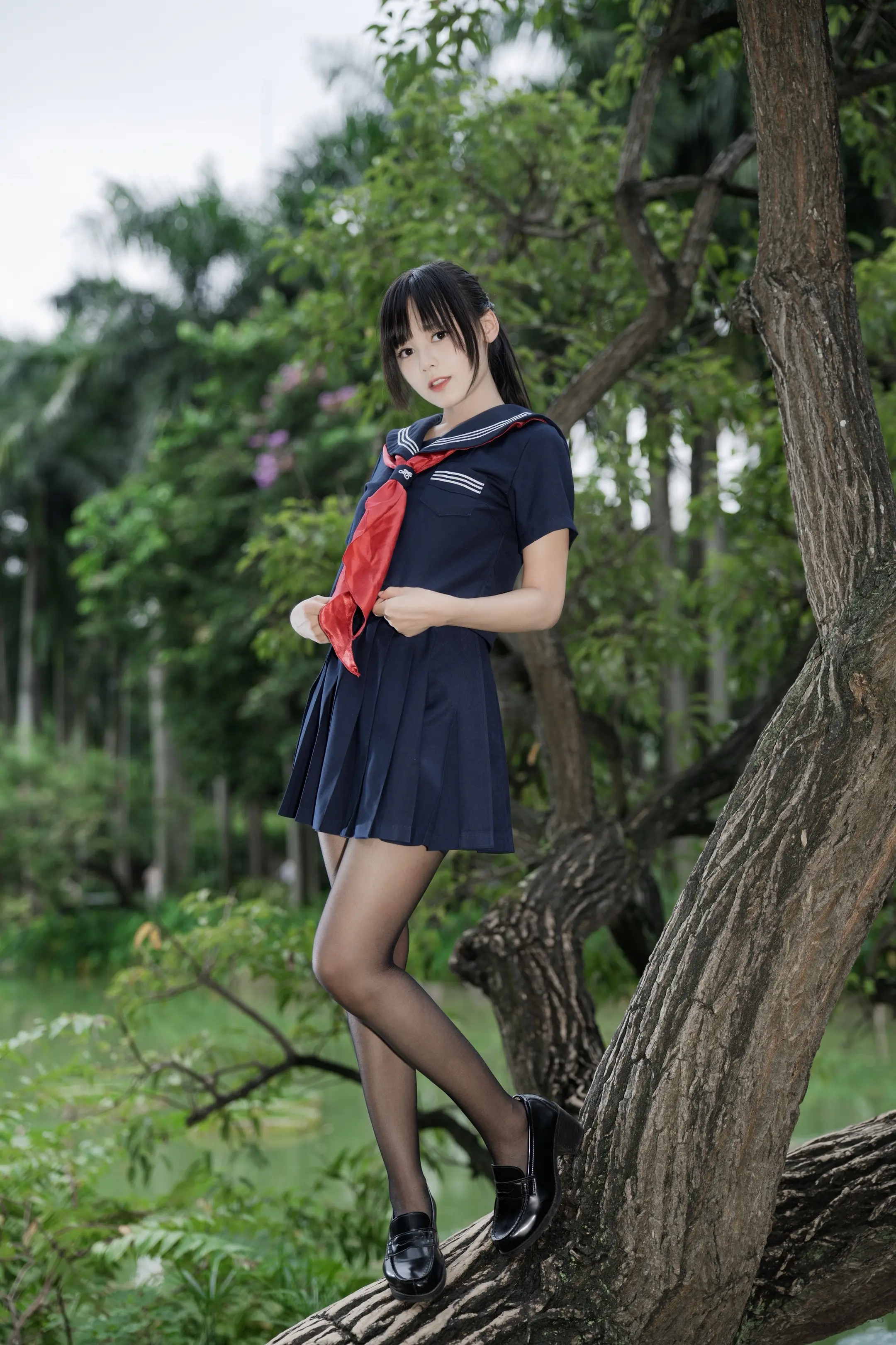水手服上树达成，这棵树真的很出片啊。感谢出镜小姐姐  人民公园阴天真的...