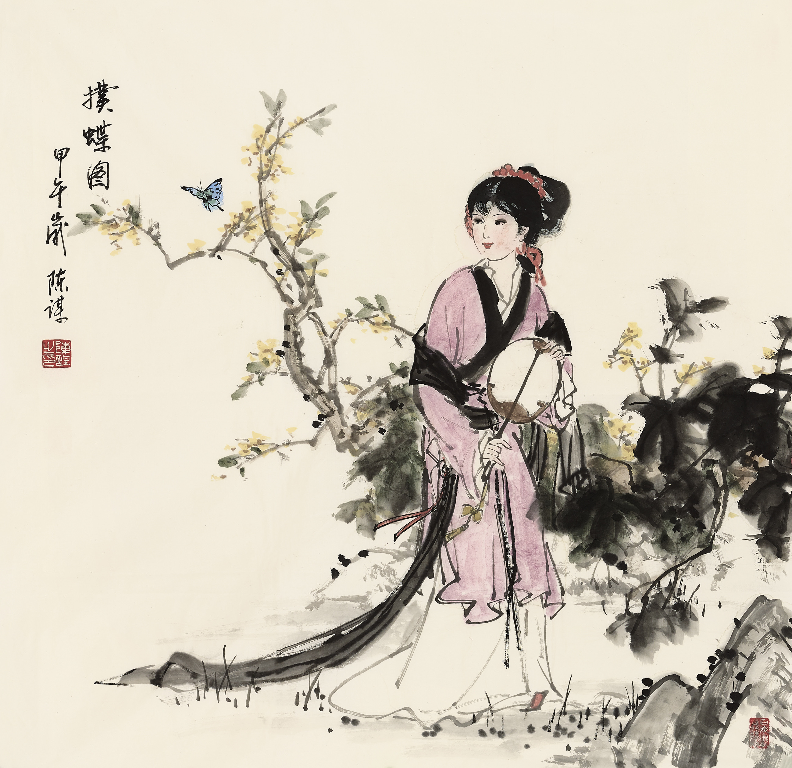 《粉黛青丝，古意里的少女情怀》此作最动人处在于色彩的清雅与人物神态的细腻。粉紫色
