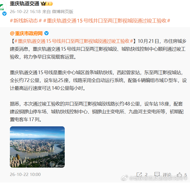 重庆轨道交通 【重庆轨道交通15号线井口至两江影视城段通过竣工验收跨年参战稳了吗