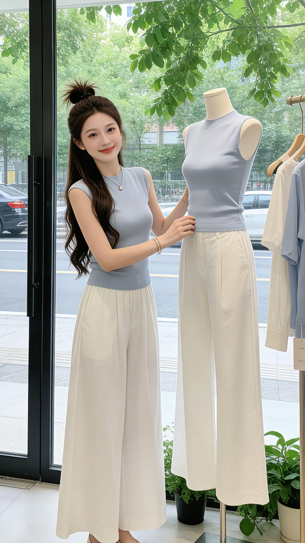 谁懂啊！夏天就爱这种不费力的好看！淡蓝配奶白的清爽配色，修身针织上衣搭垂感阔腿裤