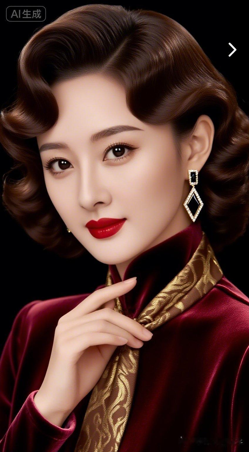 复古红唇与金色丝巾的完美搭配，尽显优雅与魅力。