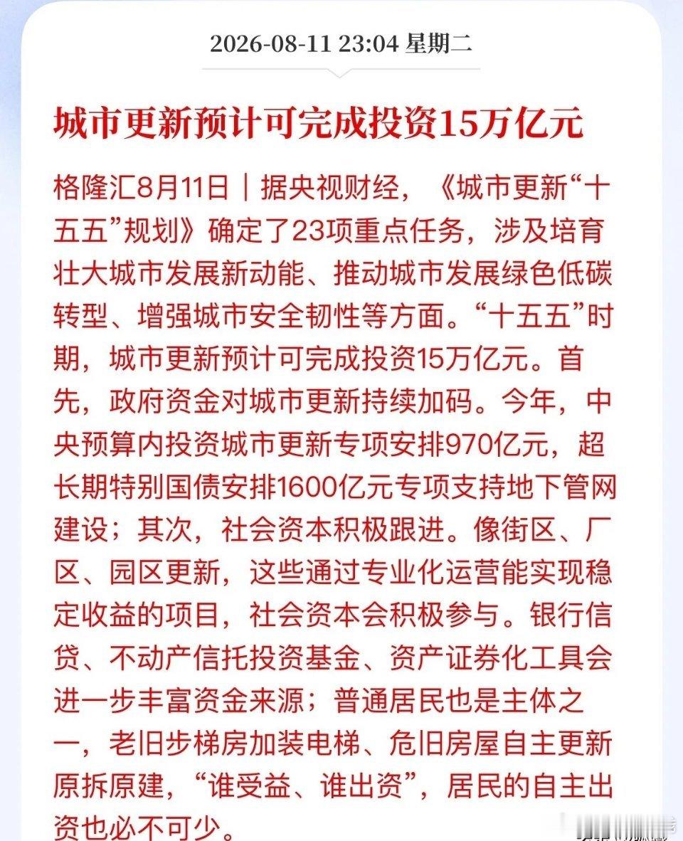 15万亿城市更新十五五城市更新预计投资15万亿，不再大拆大建，转向存量改造。资金