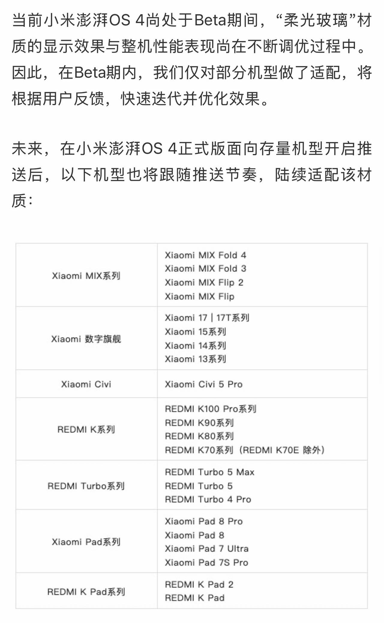小米澎湃OS4柔光玻璃适配机型，看看有没有你的手机小米澎湃os4 小米