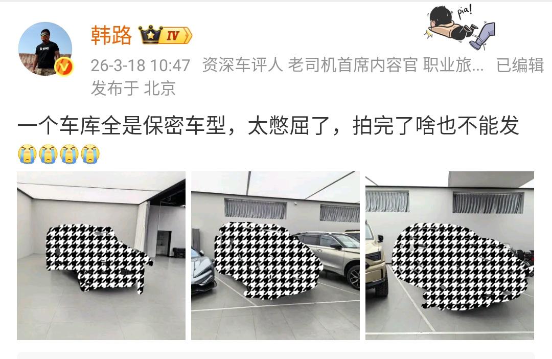韩路：一个车库全是保密车型，太憋屈了，拍完了啥也不能发[流泪][流泪][流泪][