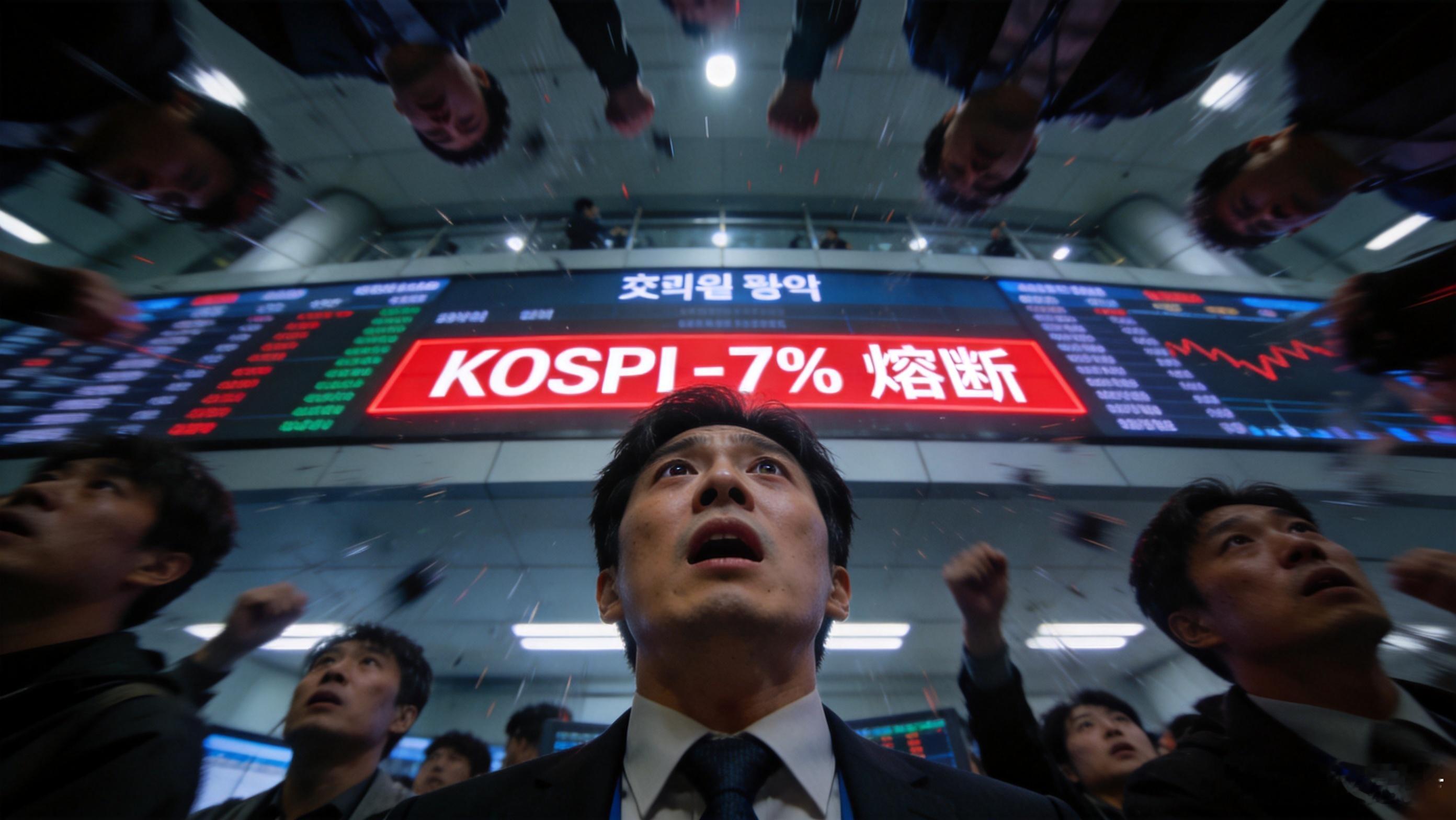 韩国股市熔断后暴跌7%韩国KOSPI指数暴跌7%触发熔断，期货跌5%直接叫停程序