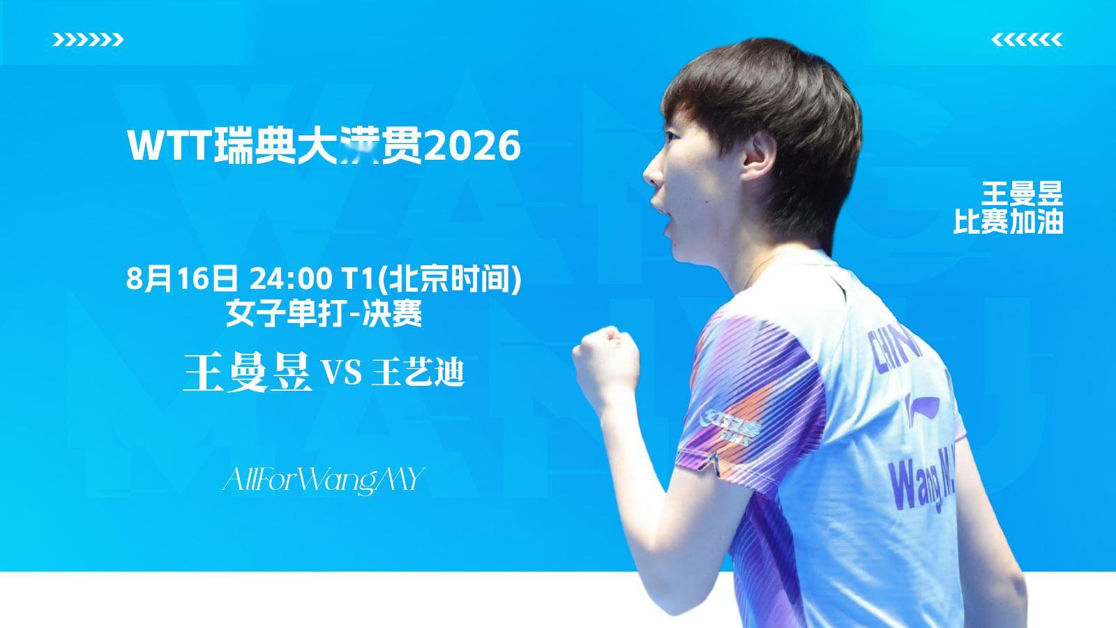 【8月16日赛事预告】wtt欧洲大满贯瑞典站2026    王曼昱vs王艺迪 女