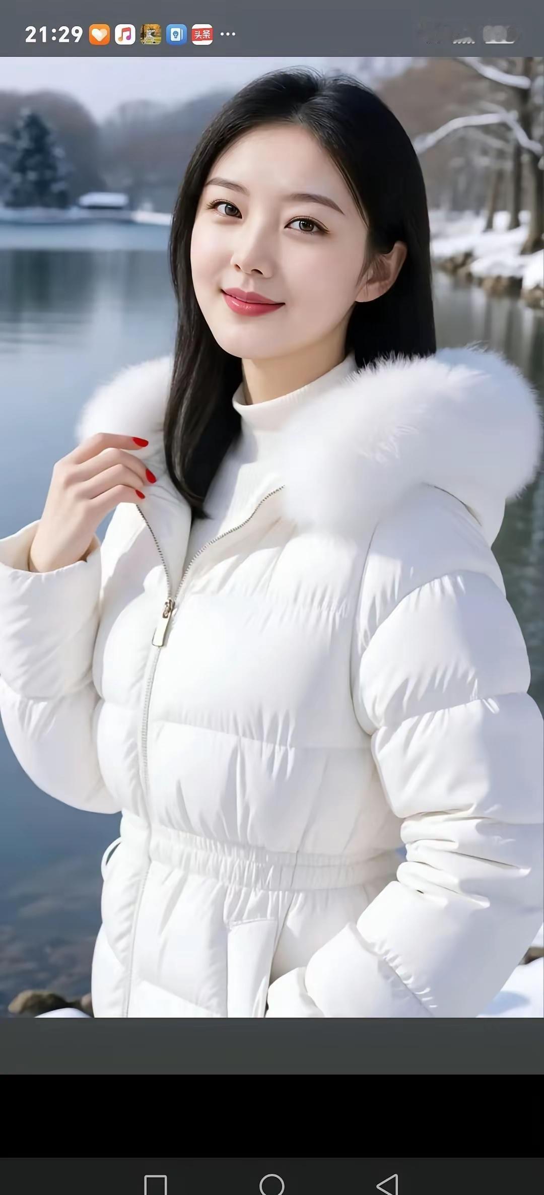 冬日暖阳下的甜美笑容，白色羽绒服搭配雪景，温暖如你。