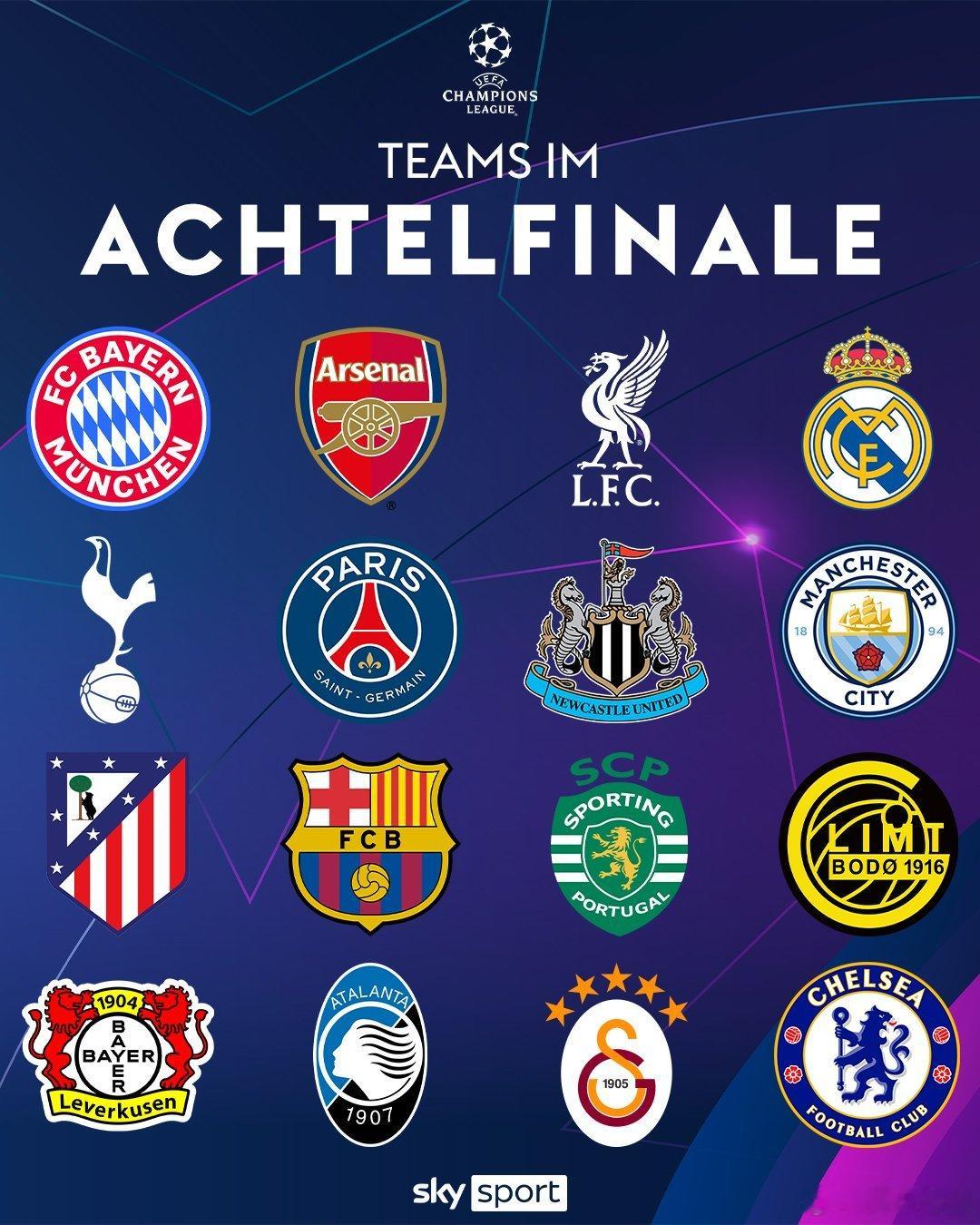 [欧冠16强］英超 6西甲 3德甲 2意甲 1法甲 1土超 1葡超 1挪甲 1拜