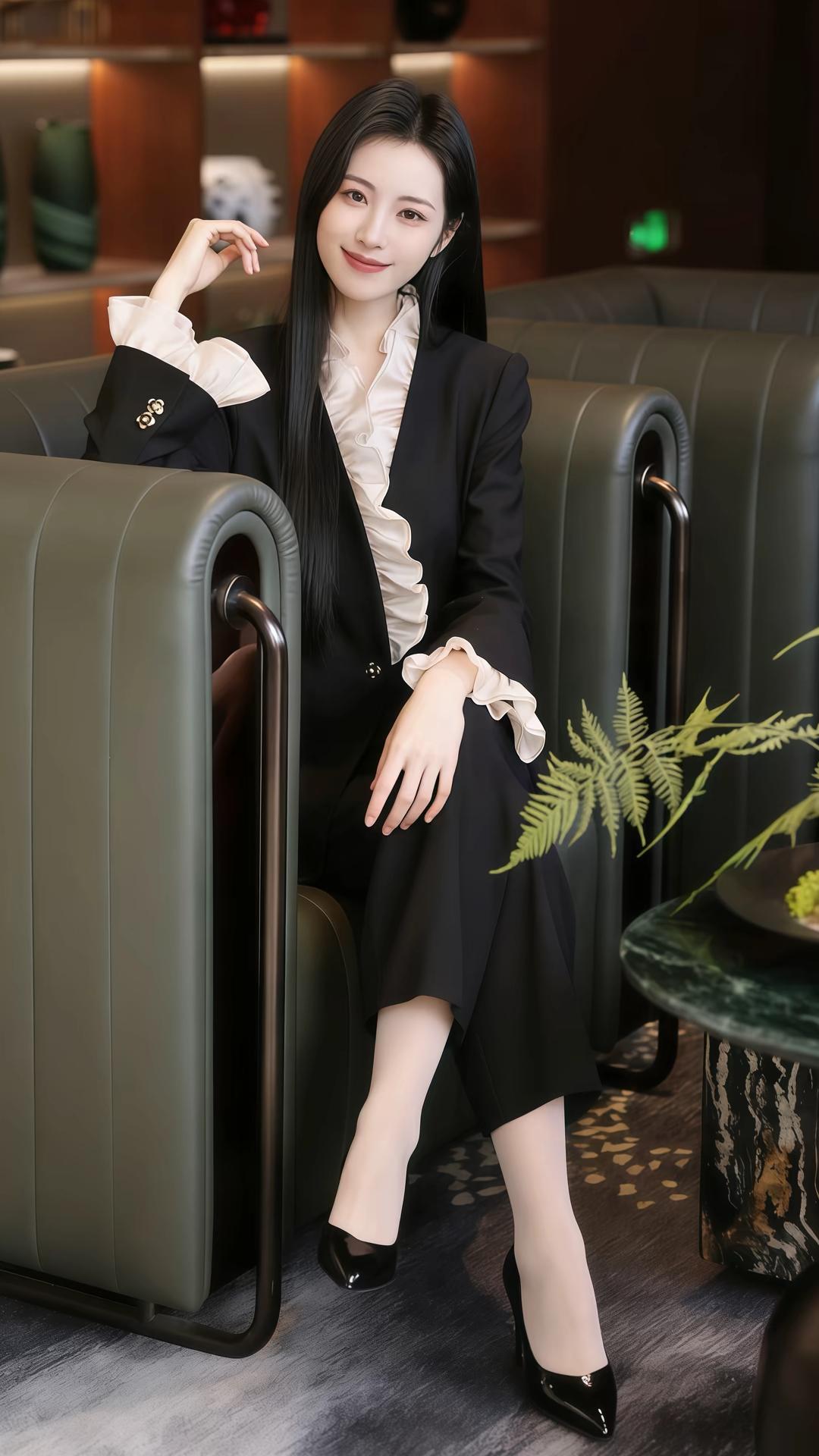 惊鸿一瞥，倾城之姿！
你宛若从时尚杂志封面款款走下的女神，黑色西装勾勒出曼妙身姿