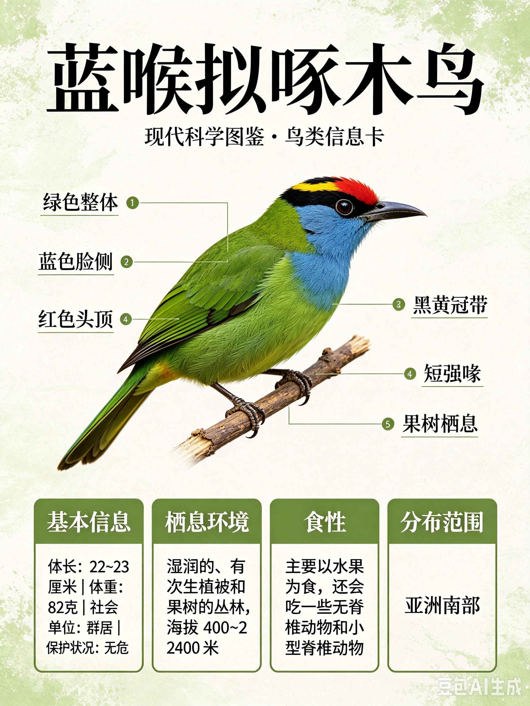 鸟类朋友图鉴 蓝喉拟啄木鸟体长：22~23 厘米体重：82 克社会单位：群居保护