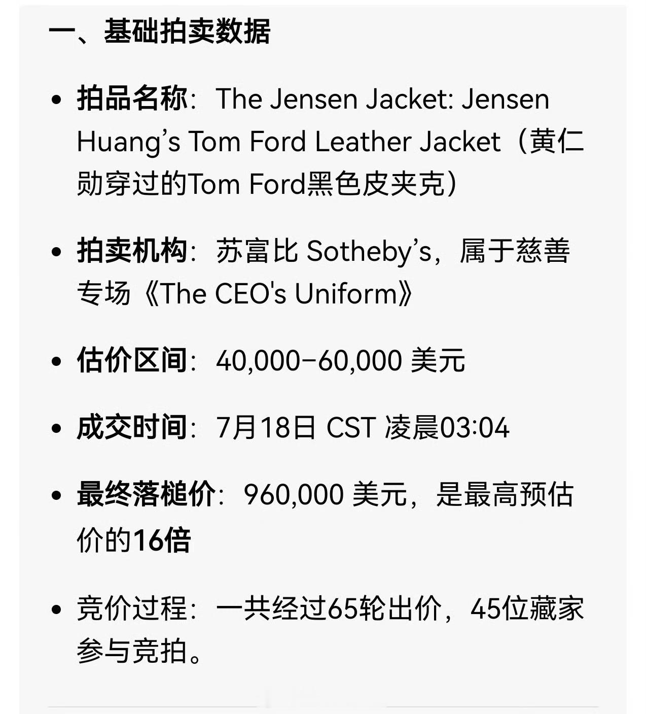 黄仁勋的皮衣经过65轮竞价，最终拍卖出96万美元的高价，折合人民币约650万元，