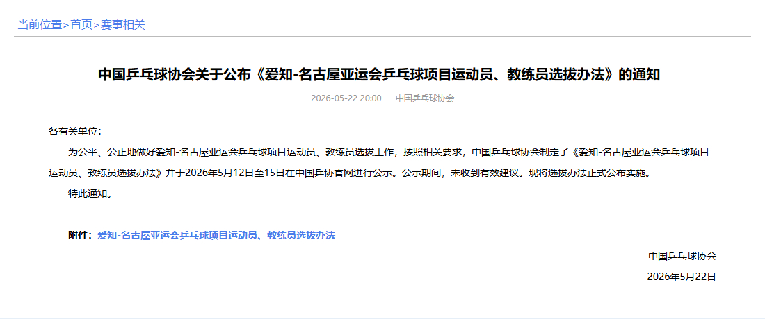 根据中国乒乓球协会关于公布《爱知-名古屋亚运会乒乓球项目运动员、教练员选拔办法》