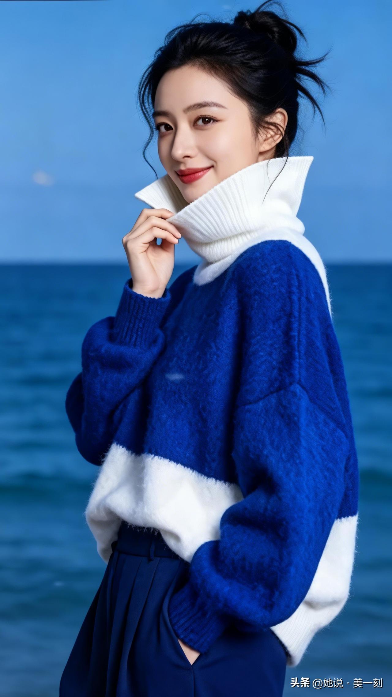 海边漫步，蓝白毛衣搭配，清新自然，元气满满！🌊💙💙分享一张海边照片