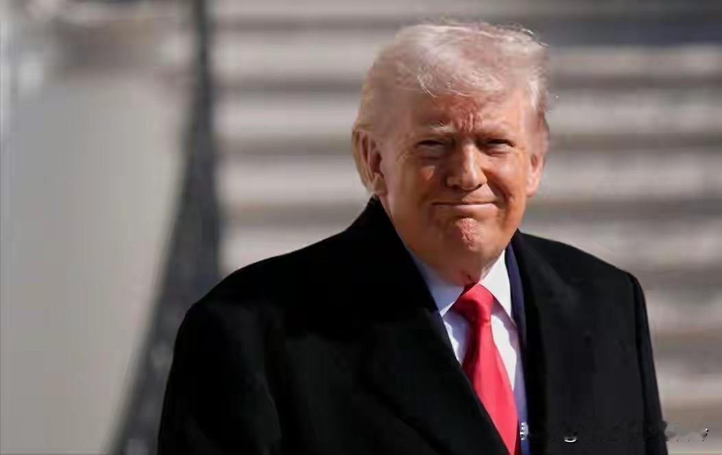 画面中的特朗普身着黑色大衣，内搭白衬衫与鲜红领带，金发蓬松，嘴角挂着一丝标志性的