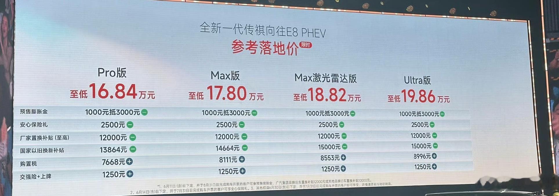 全新一代传祺向往E8PHEV的价格也来了，新车限时落地价16.84万元，确实够香