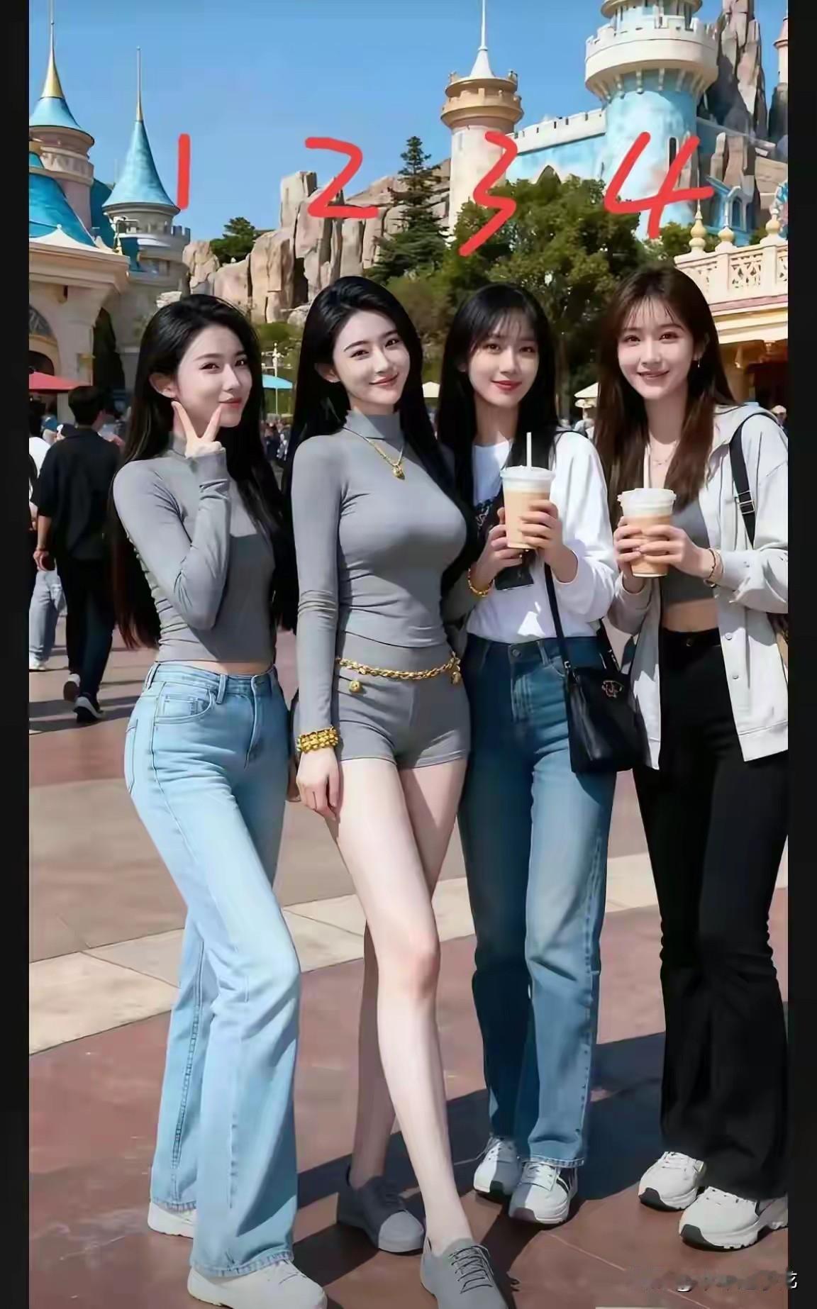 2号姑娘应该没人会不喜欢吧
 
站在迪士尼城堡前的四人合照里，目光扫过1、3、4
