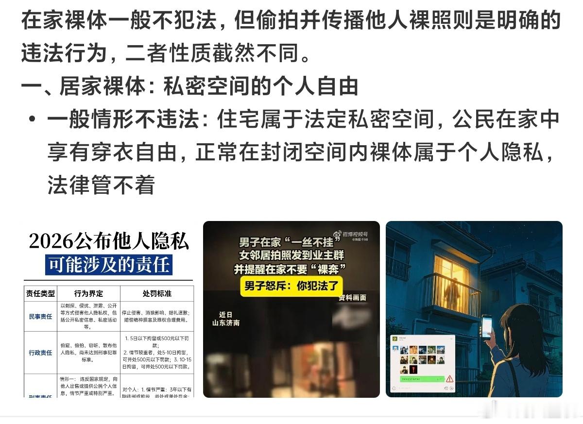 裸体在家犯法还是拍别人裸照犯法在自己家里的私人空间，裸体不违法吧？这种偷拍还在社