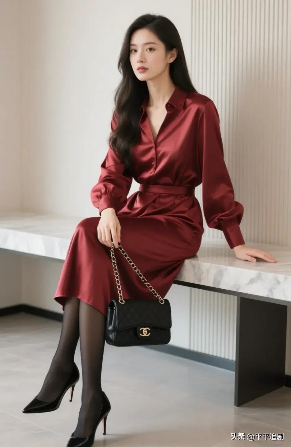 酒红丝缎勾勒出利落线条，黑丝与高跟衬出从容气场，每一处细节都在诉说着不费力的高级