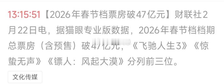 初八开盘估计这一板块预期很大！2026年春节档票房破47亿元，《飞驰人生3》《惊
