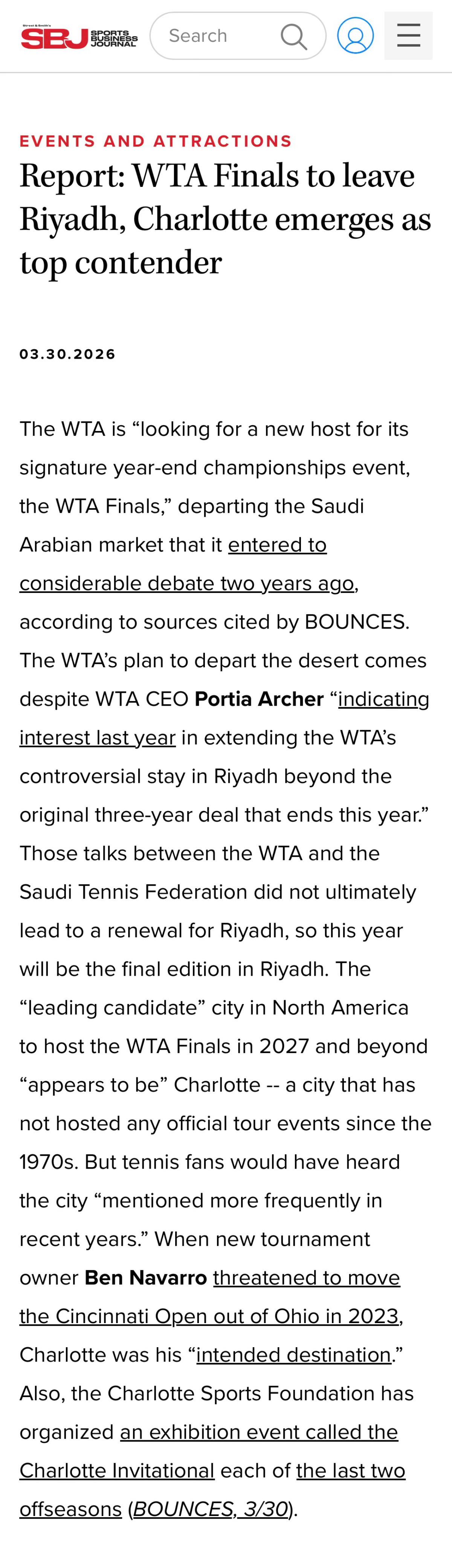 这些天大家关心的WTA总决赛易址的话题，Sports Business Jour