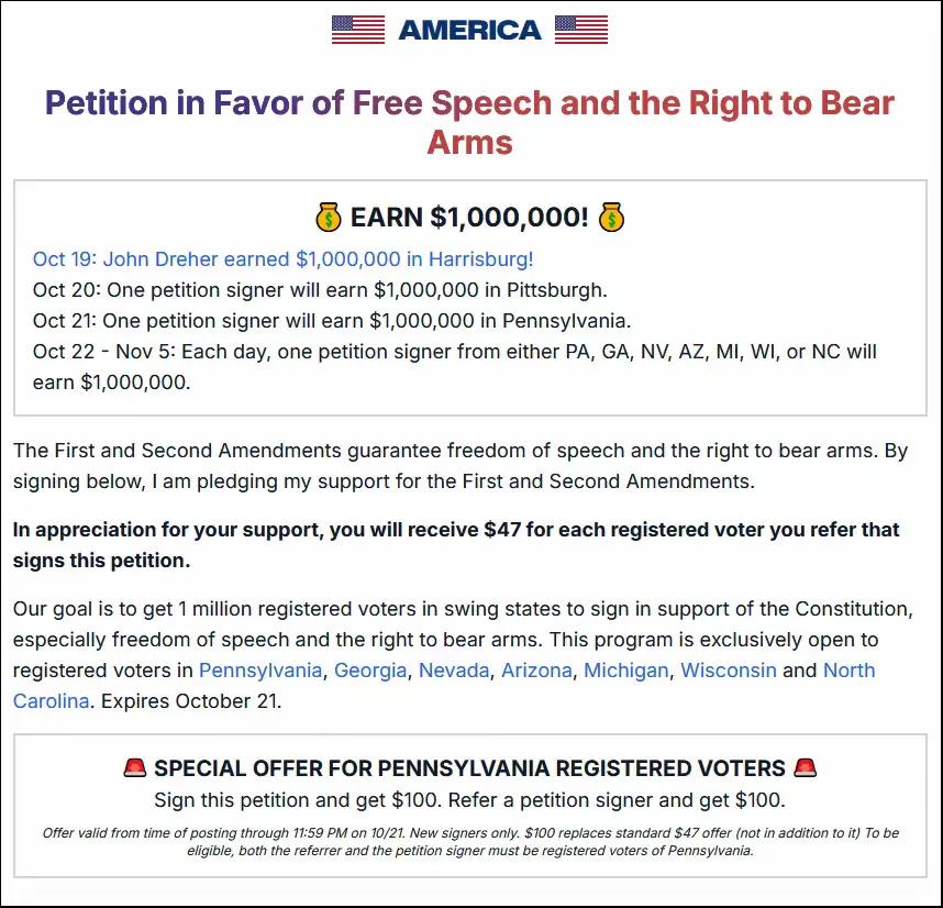 马斯克在大选日前每日奖励一名在请愿书上签名的100万美元，请愿的内容有两项：言论