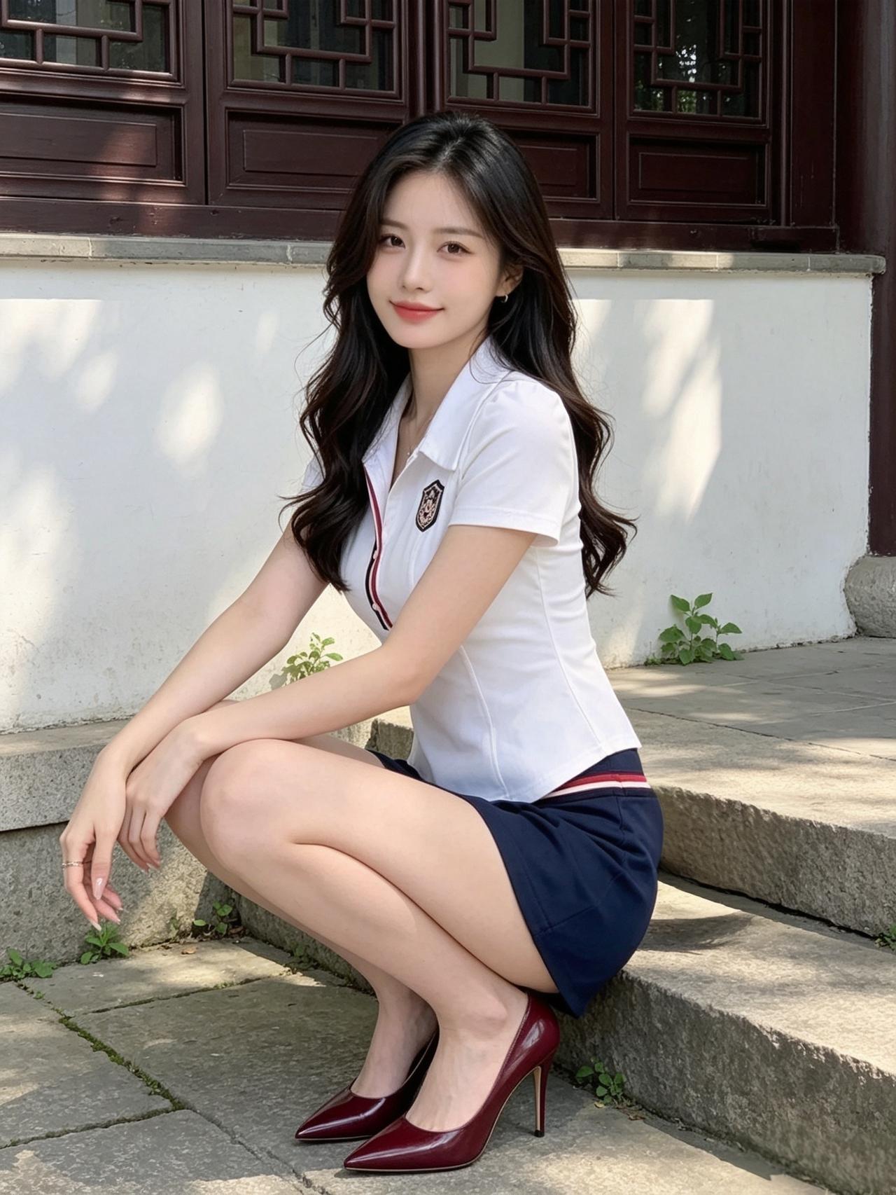 女孩子怎么穿搭既时尚又好看?阳光洒在石阶上，白衫短裙少女俏皮一笑，复古建筑里藏着