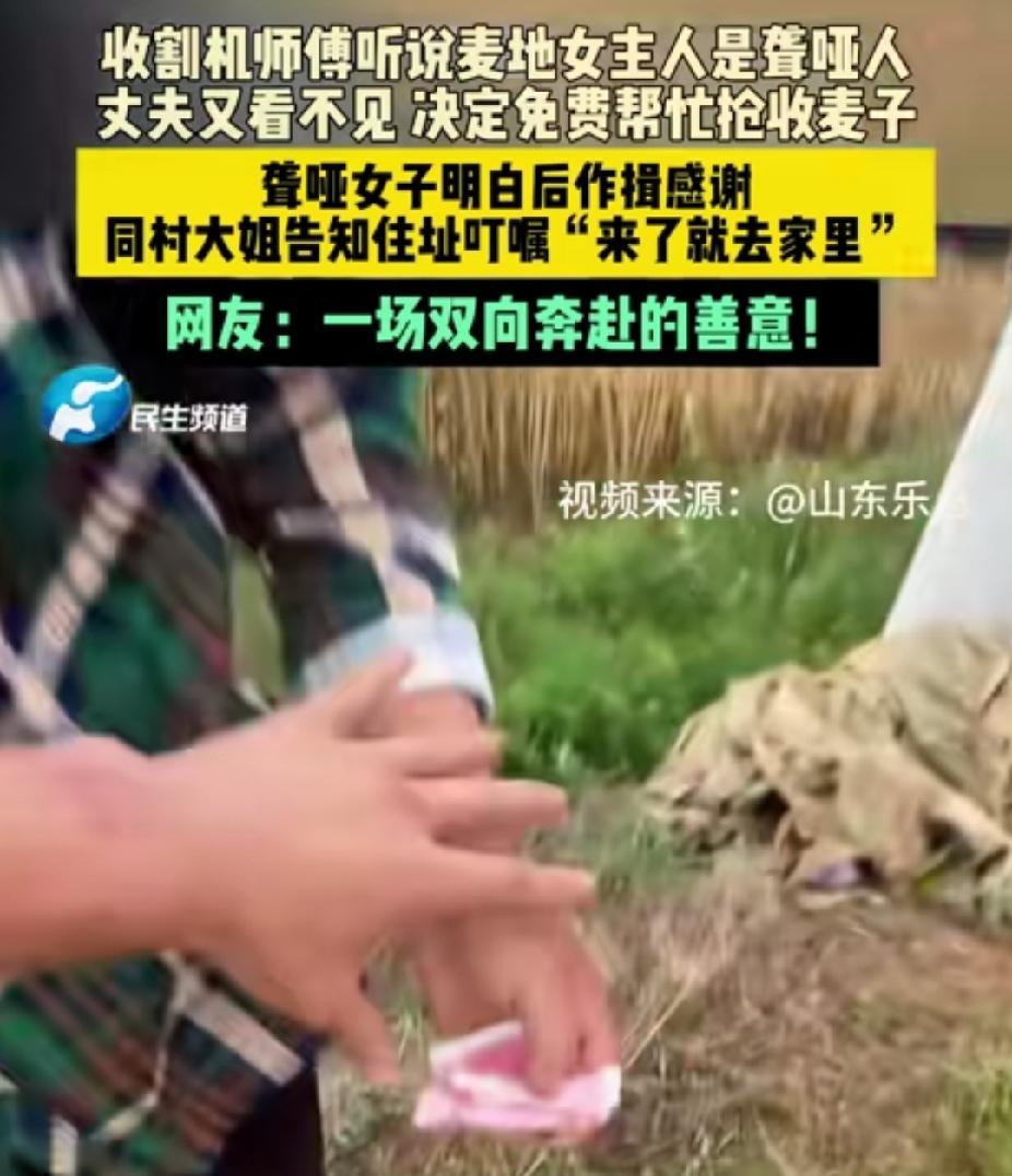 感动！河南，收割机师傅听说麦地女主人是聋哑人，丈夫又看不见。突然他做了一个决定，