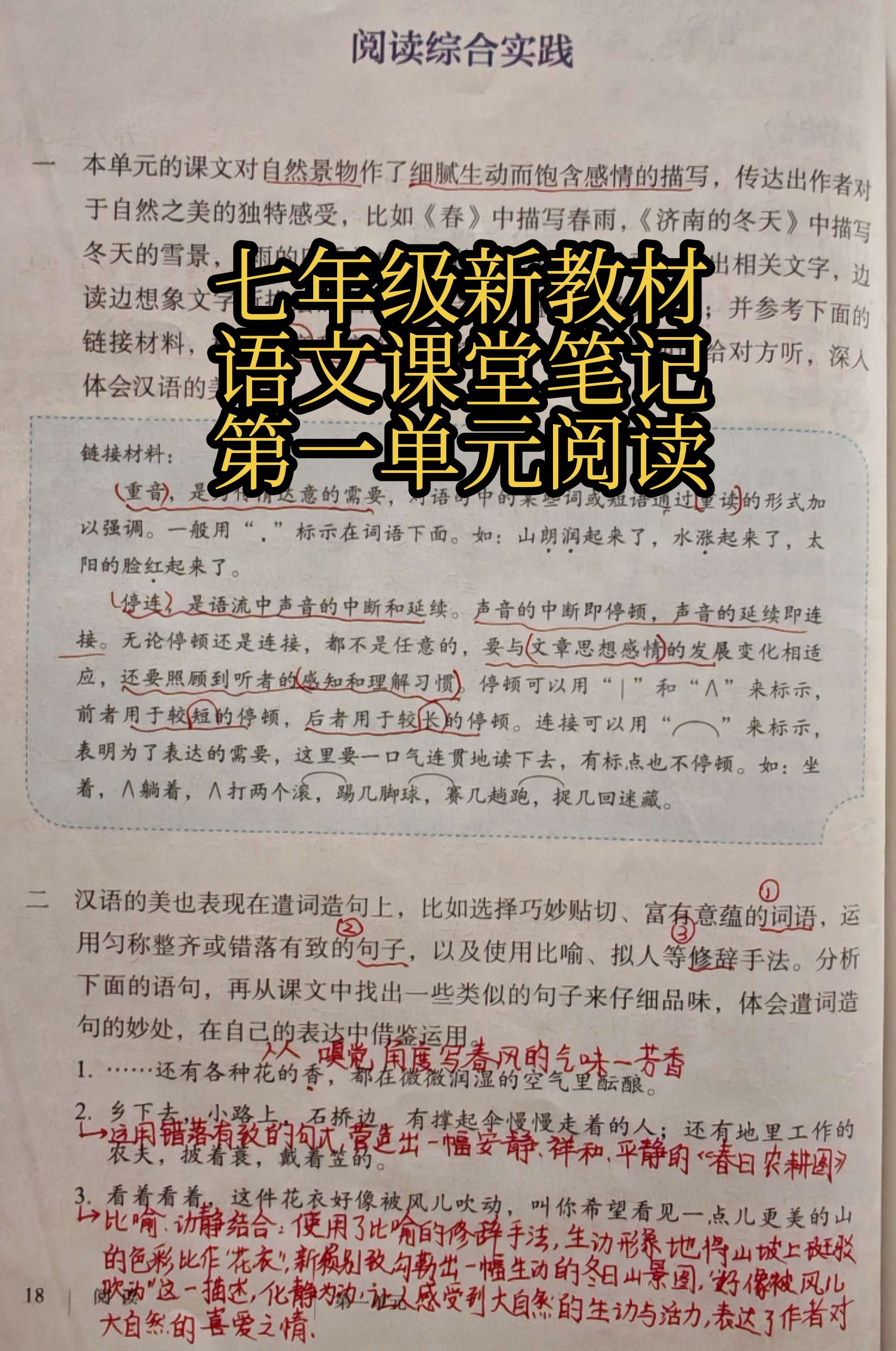 七上新教材语文课堂笔记-第一单元阅读写作。第1单元的阅读综合实践主要是...