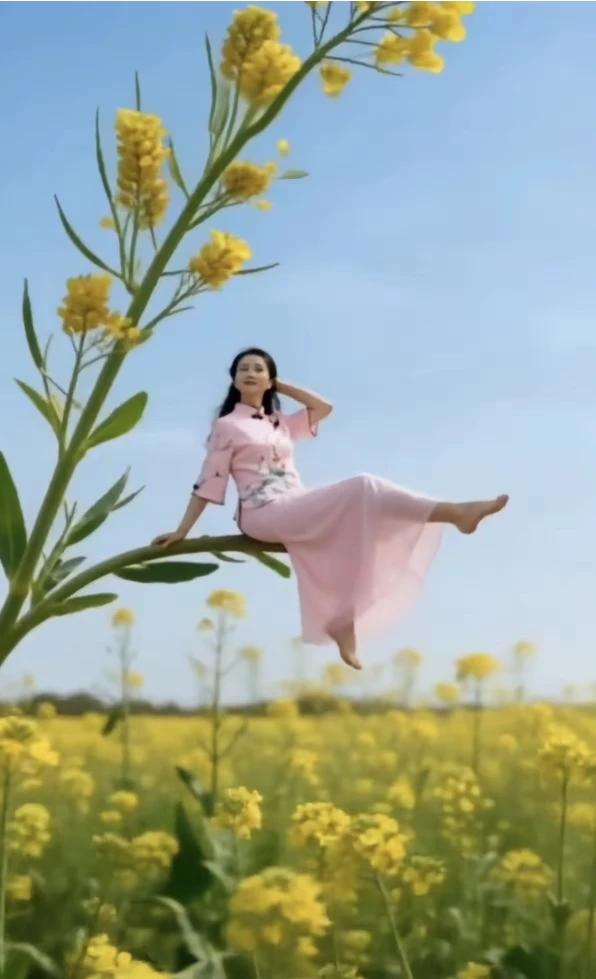 看来这是新品种，
花梗要比钢筋硬。
美女坐上像板凳，
空中楼阁仙境中。