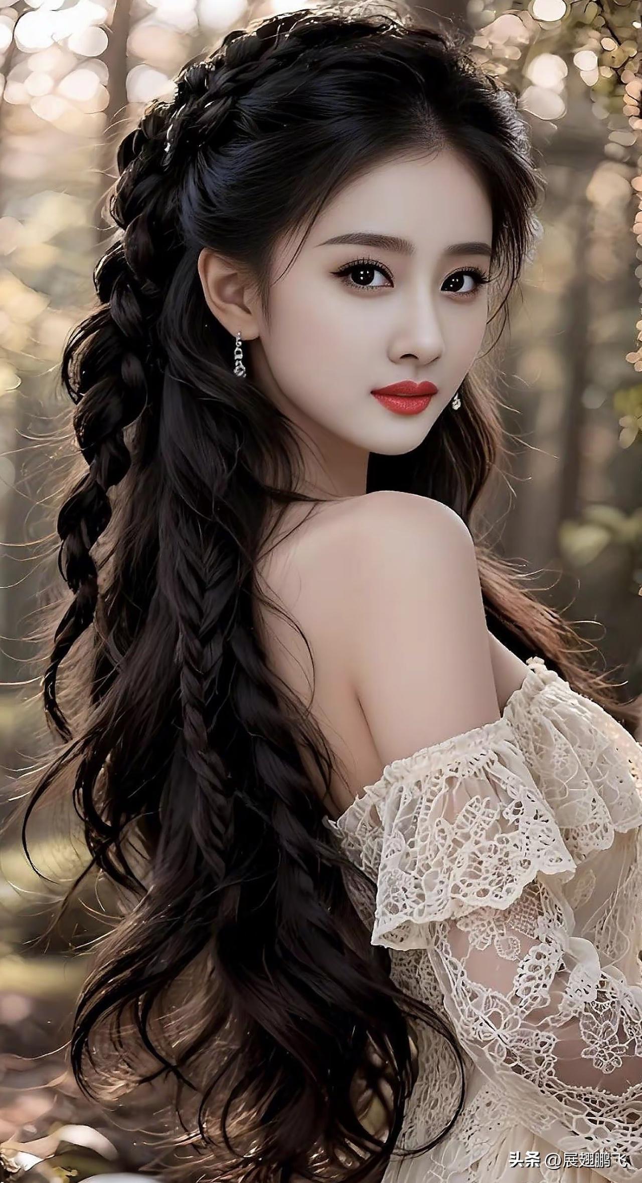 梦幻森林中的优雅少女，编织发辫与蕾丝裙的完美结合。复古编发造型 紫裙长发造型 蕾