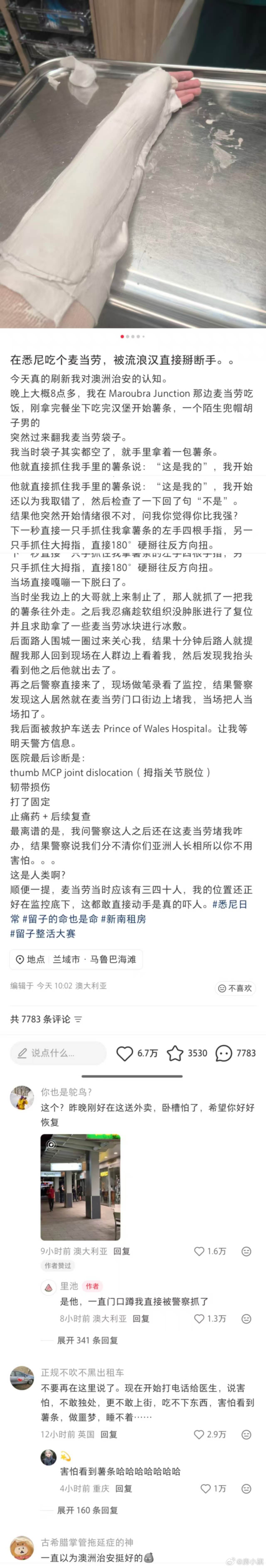 网友发帖吐槽：澳大利亚治安太差了！在悉尼吃个麦当劳，被流浪汉直接掰断手..今天真