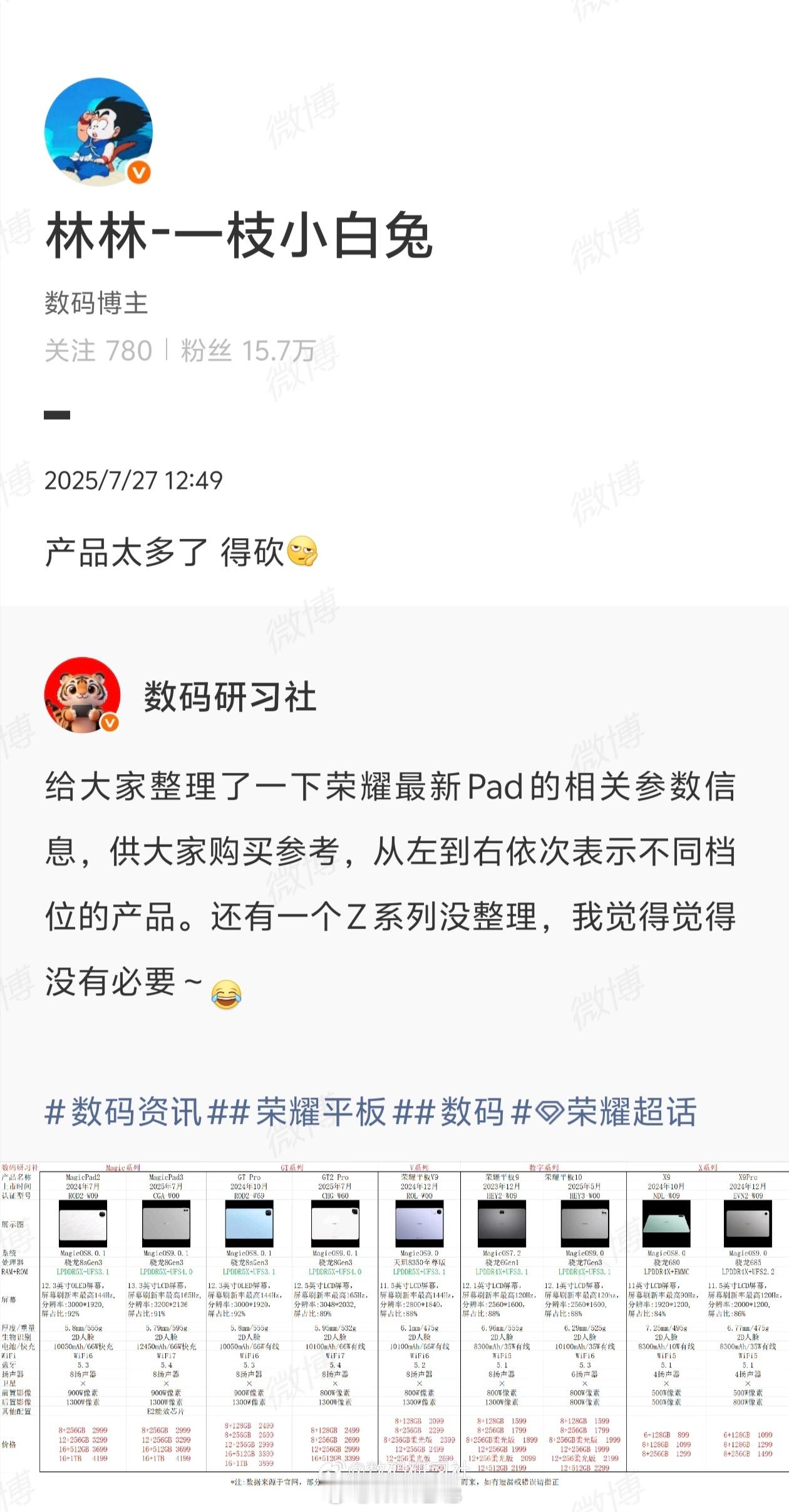 荣耀目前平板的产品确实有点多，数字系列和 Y 系列配置有点冲突，感觉上保留 Ma