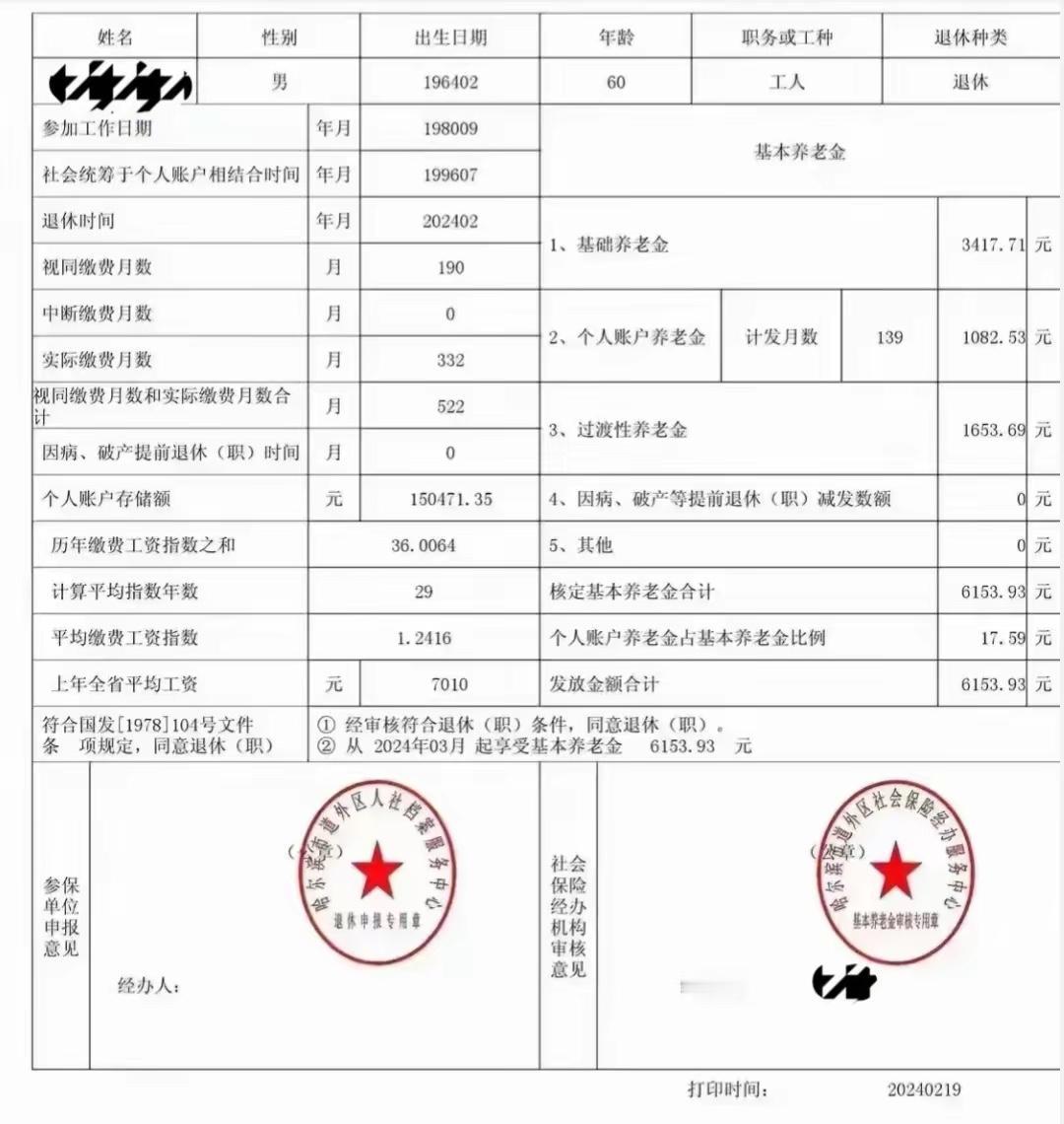 一份哈尔滨市的工人退休养老待遇核定单：从2024年3月起，享受每月基本养老金¥6