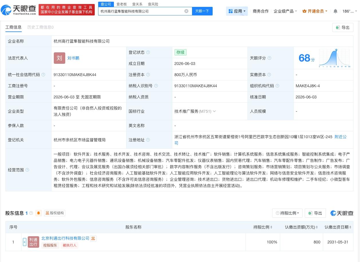 高德地图在杭州成立新公司
天眼查App显示，近日，杭州高行蓝隼智能科技有限公司成
